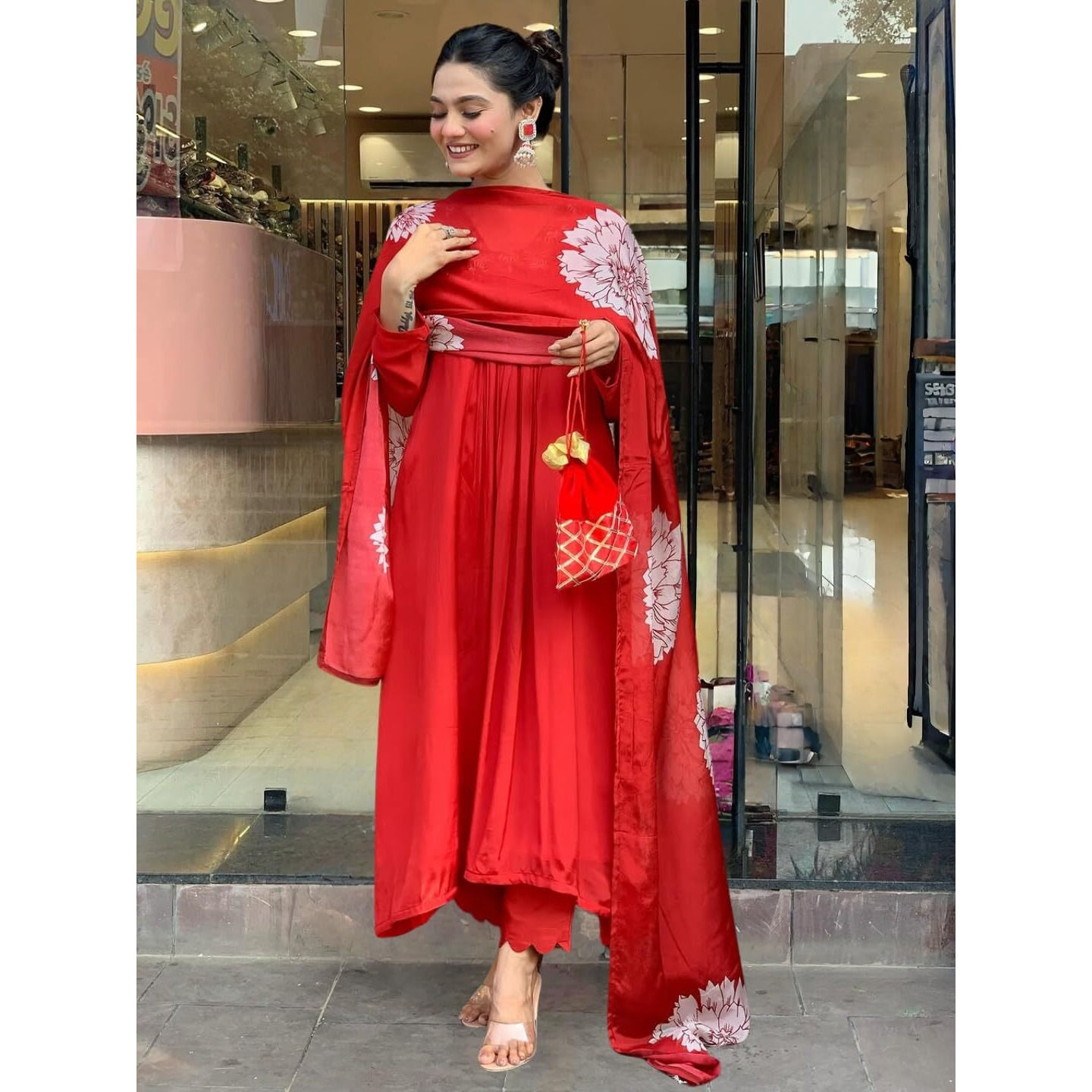 Navlik Women's Red Chinon with Cotton Lining Embroidered Flared Kurta with Rayon Pant and Chinon Printed Dupatta Sets (NK-636)