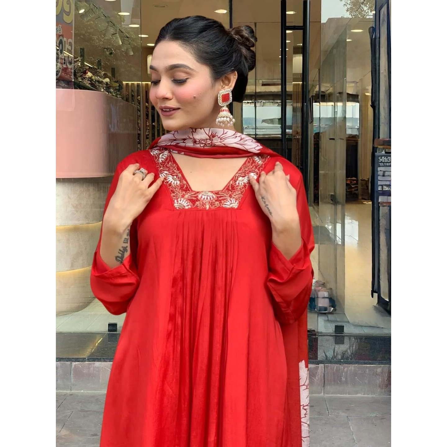 Navlik Women's Red Chinon with Cotton Lining Embroidered Flared Kurta with Rayon Pant and Chinon Printed Dupatta Sets (NK-636)