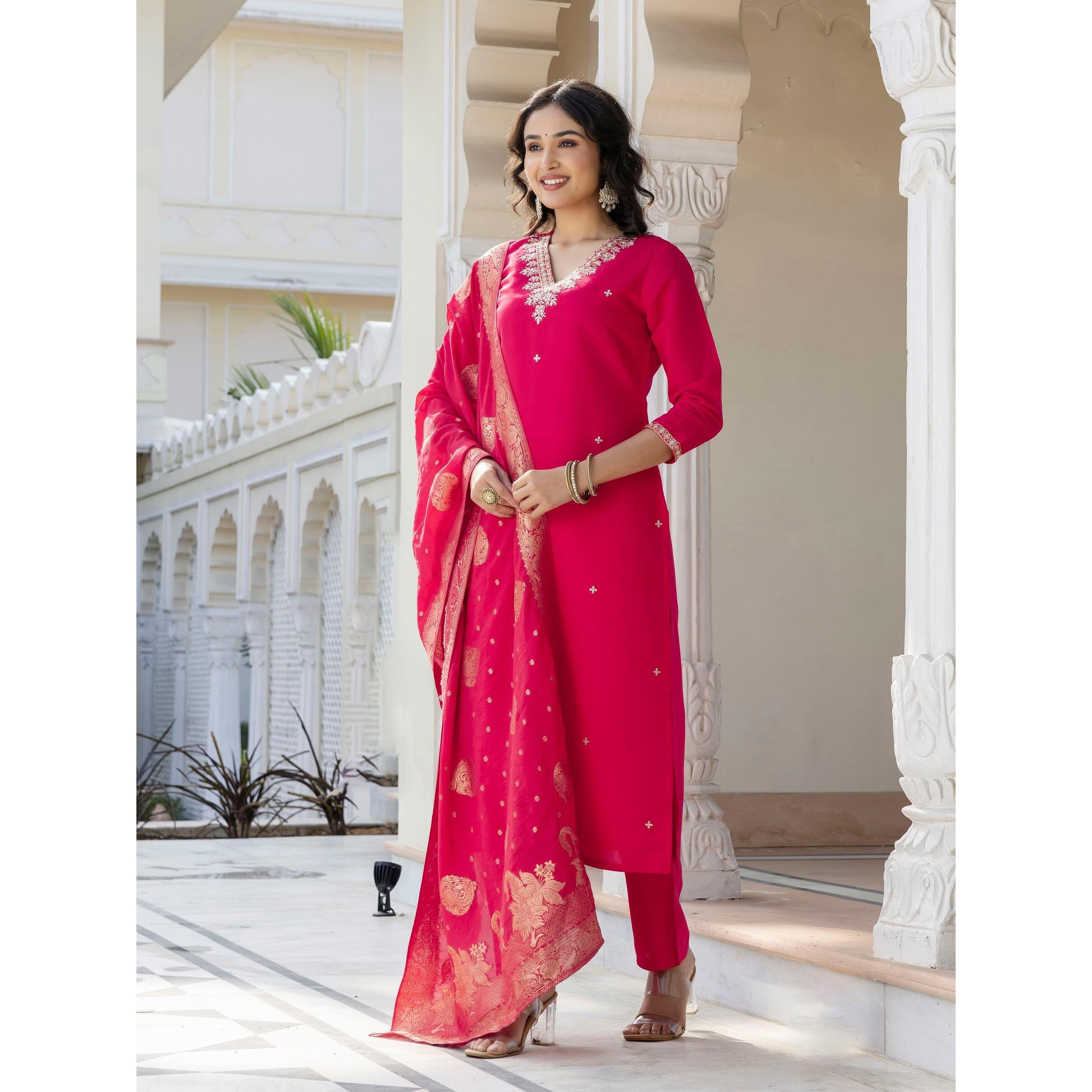 Navlik Women's Red BSY Viscose Embroidered Straight Kurta with BSY Viscose Pant And Viscose Jacquard Printed Dupatta Sets (NK-638)