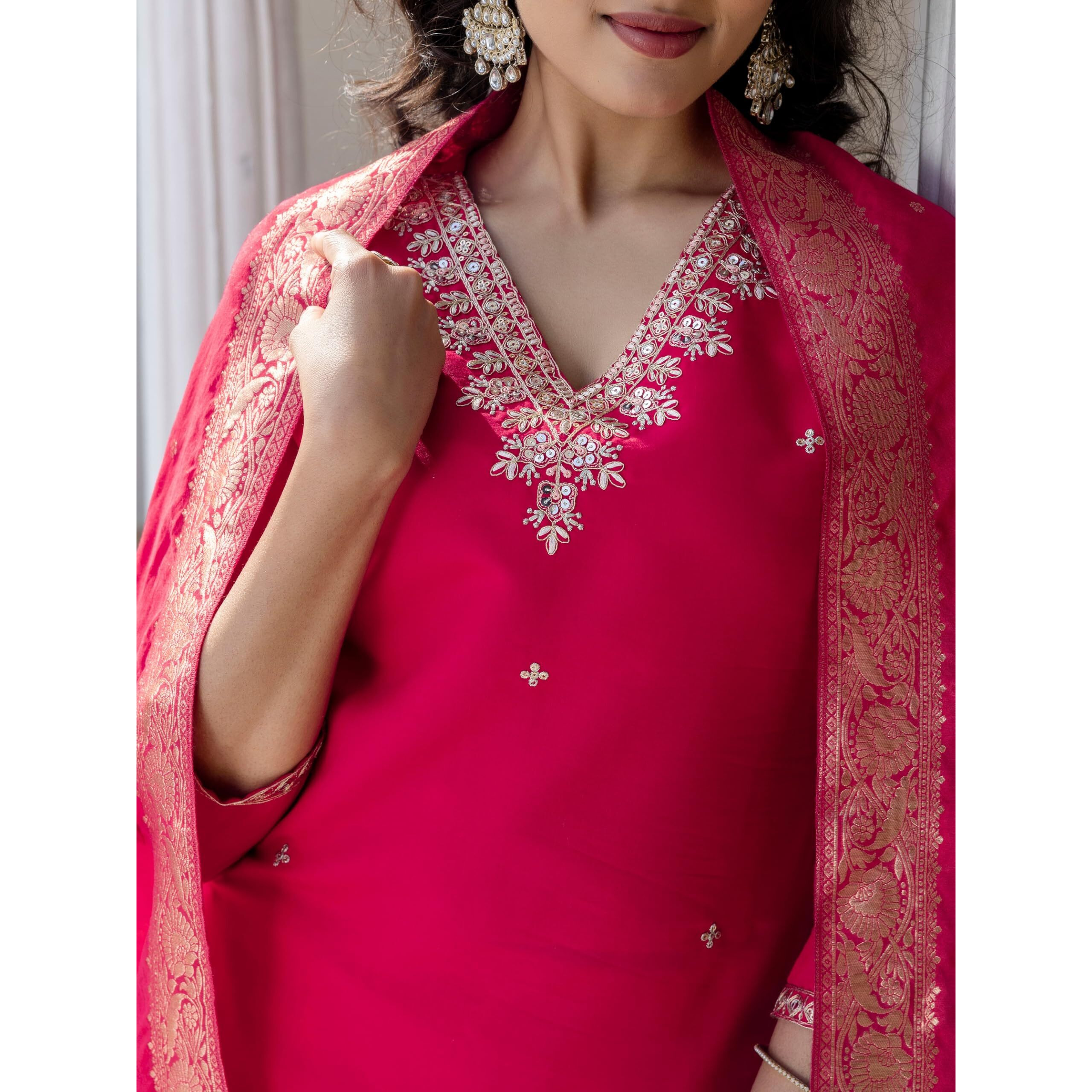 Navlik Women's Red BSY Viscose Embroidered Straight Kurta with BSY Viscose Pant And Viscose Jacquard Printed Dupatta Sets (NK-638)