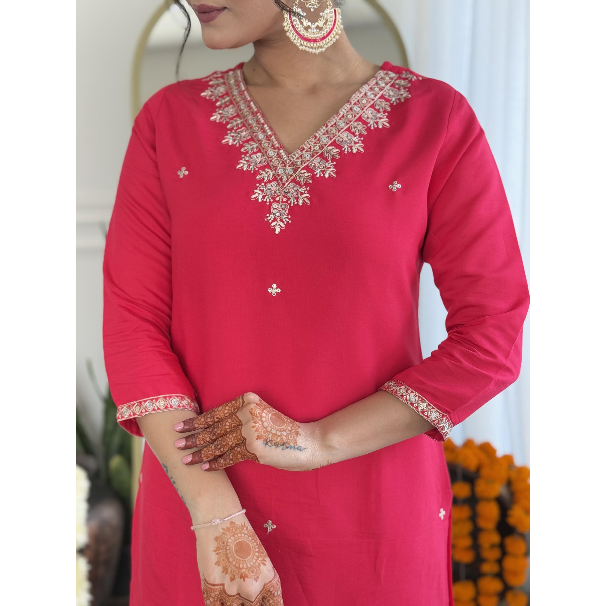 Navlik Women's Red BSY Viscose Embroidered Straight Kurta with BSY Viscose Pant And Viscose Jacquard Printed Dupatta Sets (NK-638)