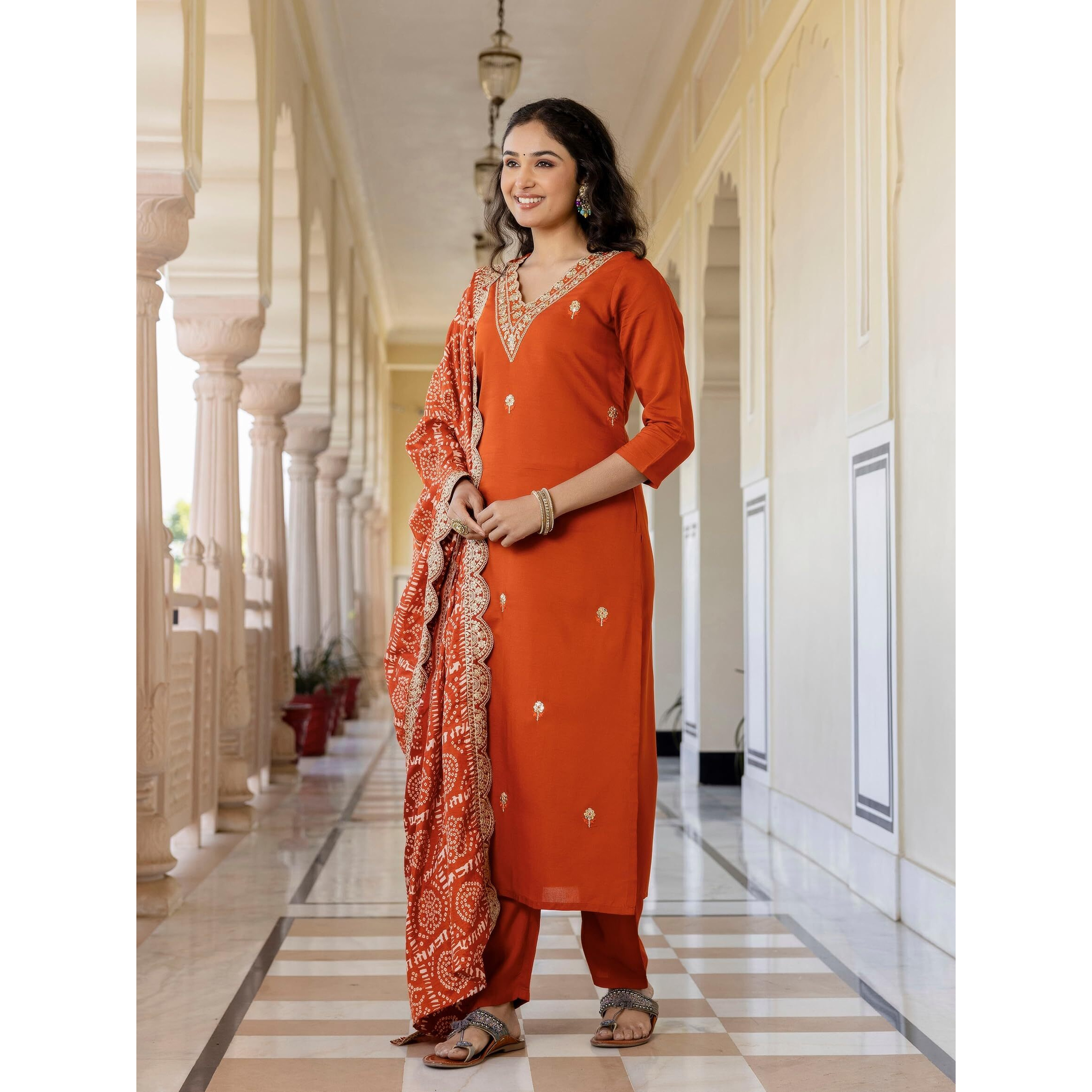 Navlik Women's BSY Viscose Embroidered Straight Kurta with Pant And Dupatta Sets (NK-640)