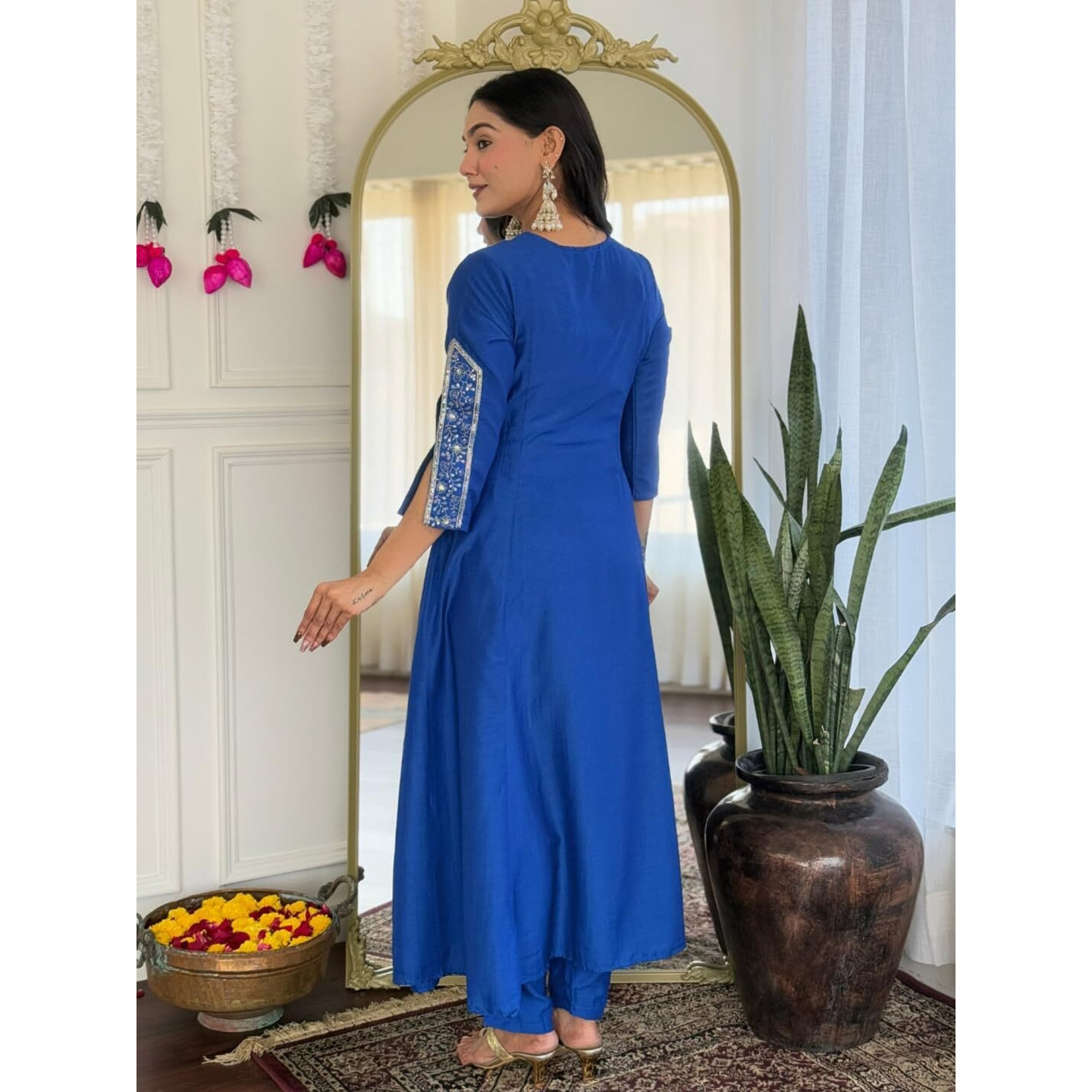Navlik Women's Blue Viscose Silk Embroidered Flared Kurta with Viscose Silk Pant and Organza Embroidered Dupatta Sets (NK-641)