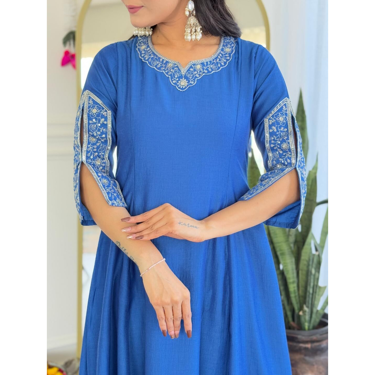 Navlik Women's Blue Viscose Silk Embroidered Flared Kurta with Viscose Silk Pant and Organza Embroidered Dupatta Sets (NK-641)