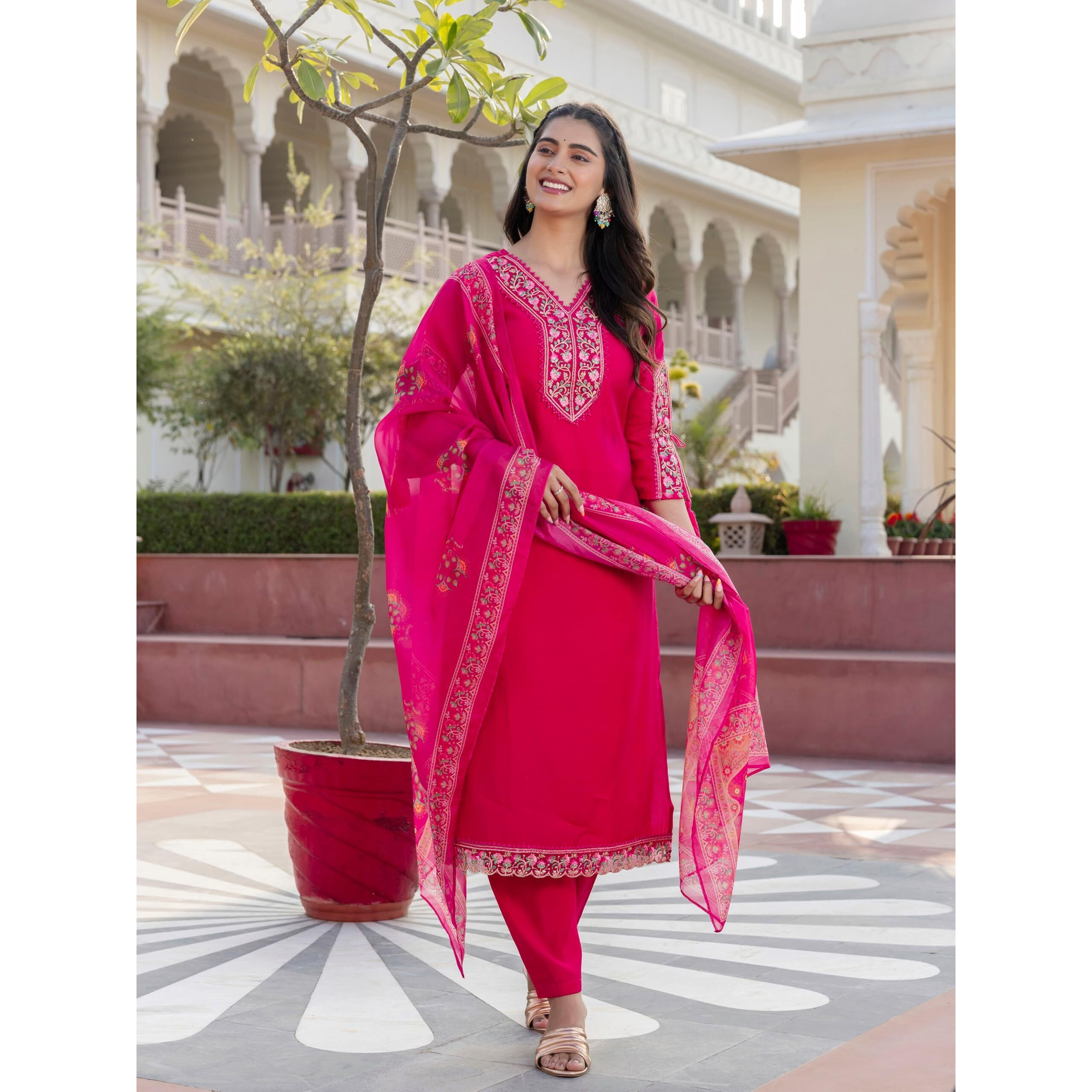 Navlik Women's BSY Viscose Embroidered Straight Kurta with Pant And Dupatta Sets (NK-642)