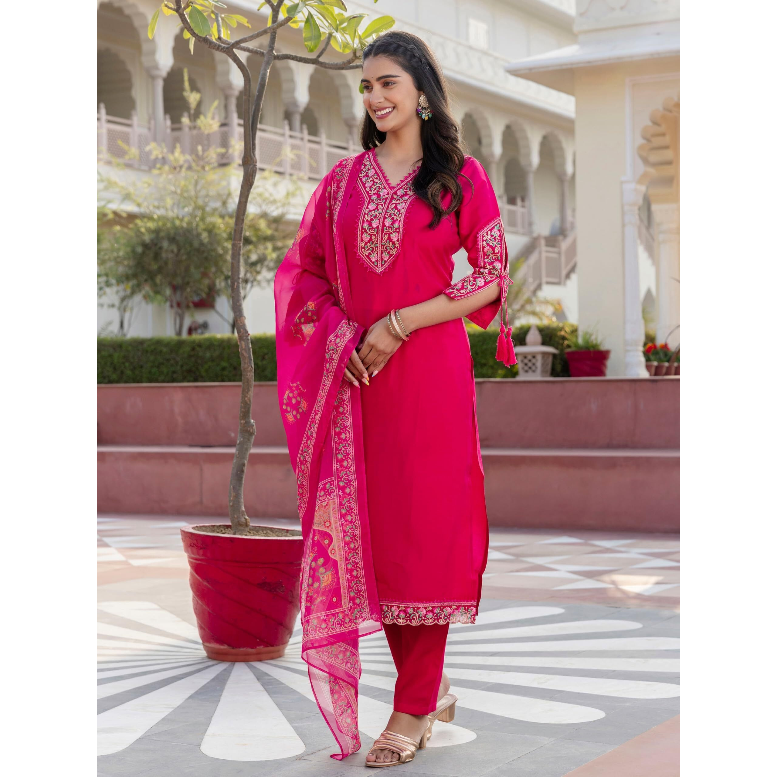Navlik Women's BSY Viscose Embroidered Straight Kurta with Pant And Dupatta Sets (NK-642)