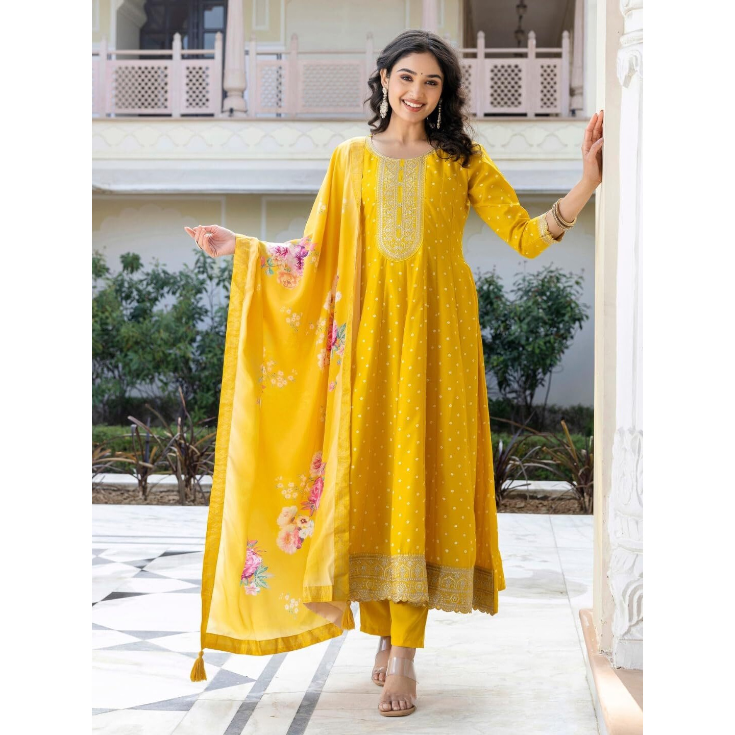 Navlik Women's Yellow Vichitra Silk with Cotton Lining Embroidered Flared Kurta with Rayon Pant and Art Silk Printed Dupatta Sets (NK-644)