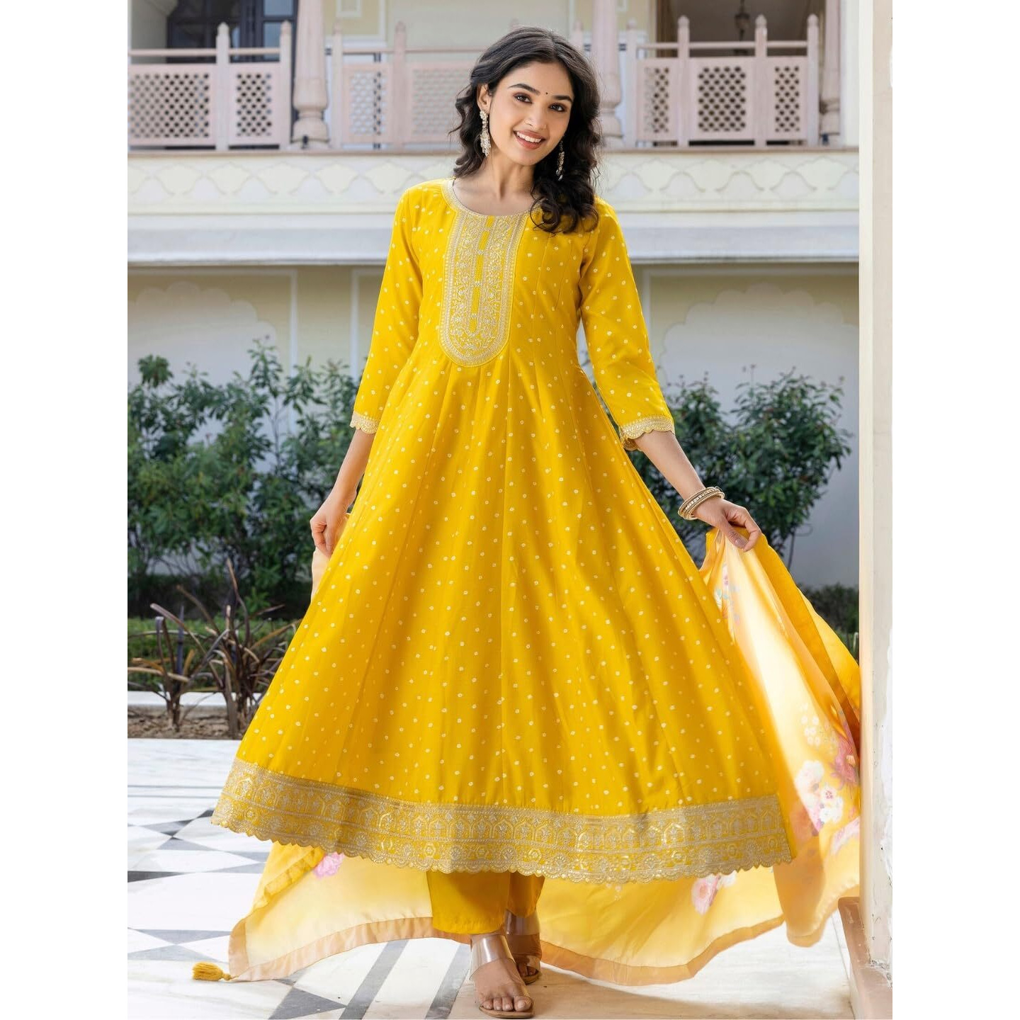 Navlik Women's Yellow Vichitra Silk with Cotton Lining Embroidered Flared Kurta with Rayon Pant and Art Silk Printed Dupatta Sets (NK-644)