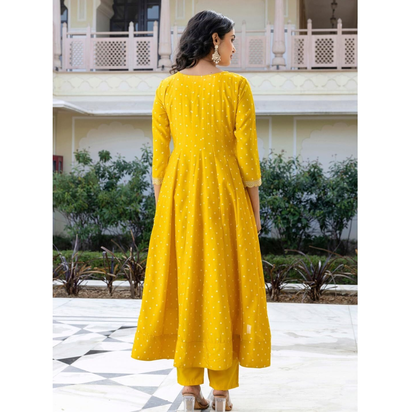 Navlik Women's Yellow Vichitra Silk with Cotton Lining Embroidered Flared Kurta with Rayon Pant and Art Silk Printed Dupatta Sets (NK-644)