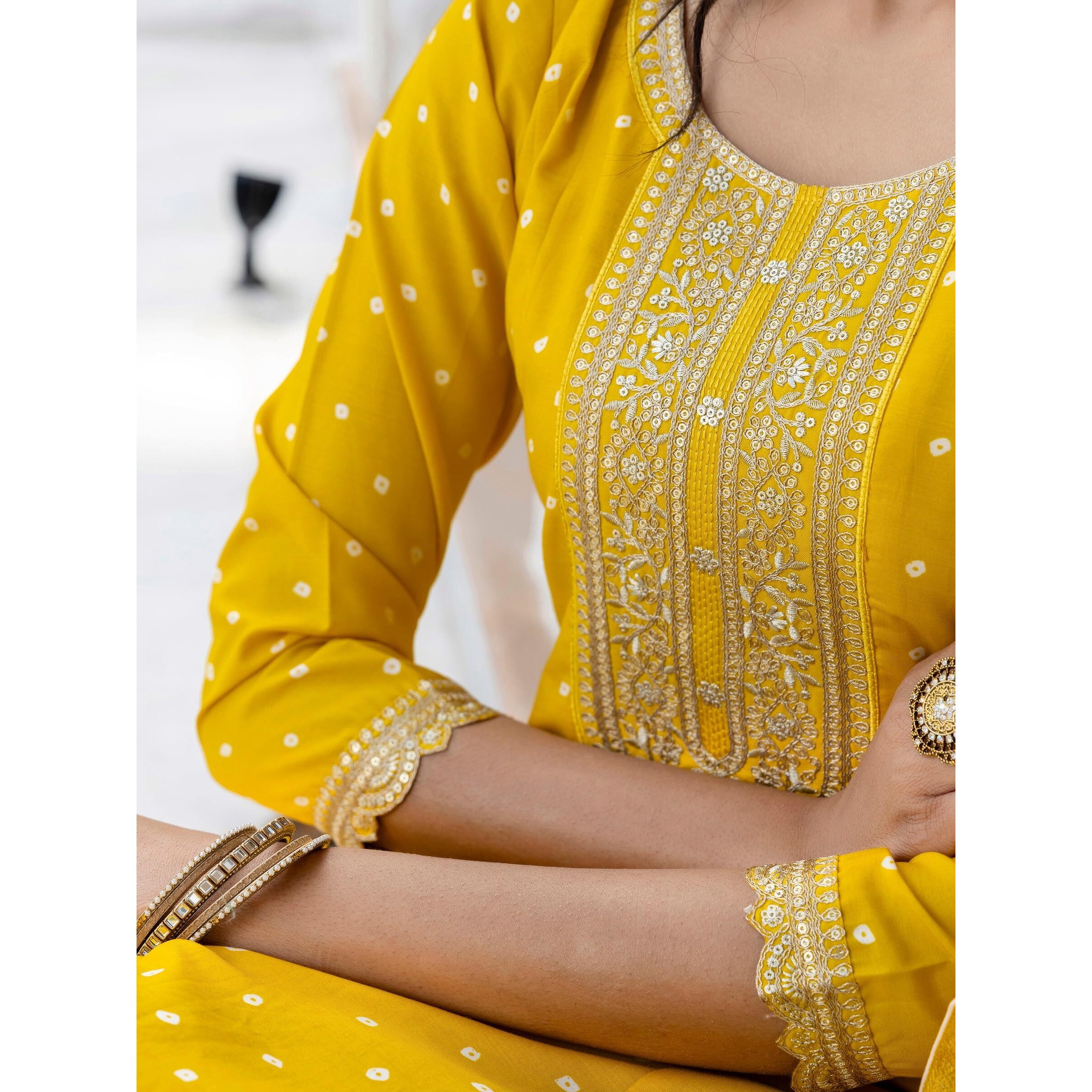 Navlik Women's Yellow Vichitra Silk with Cotton Lining Embroidered Flared Kurta with Rayon Pant and Art Silk Printed Dupatta Sets (NK-644)