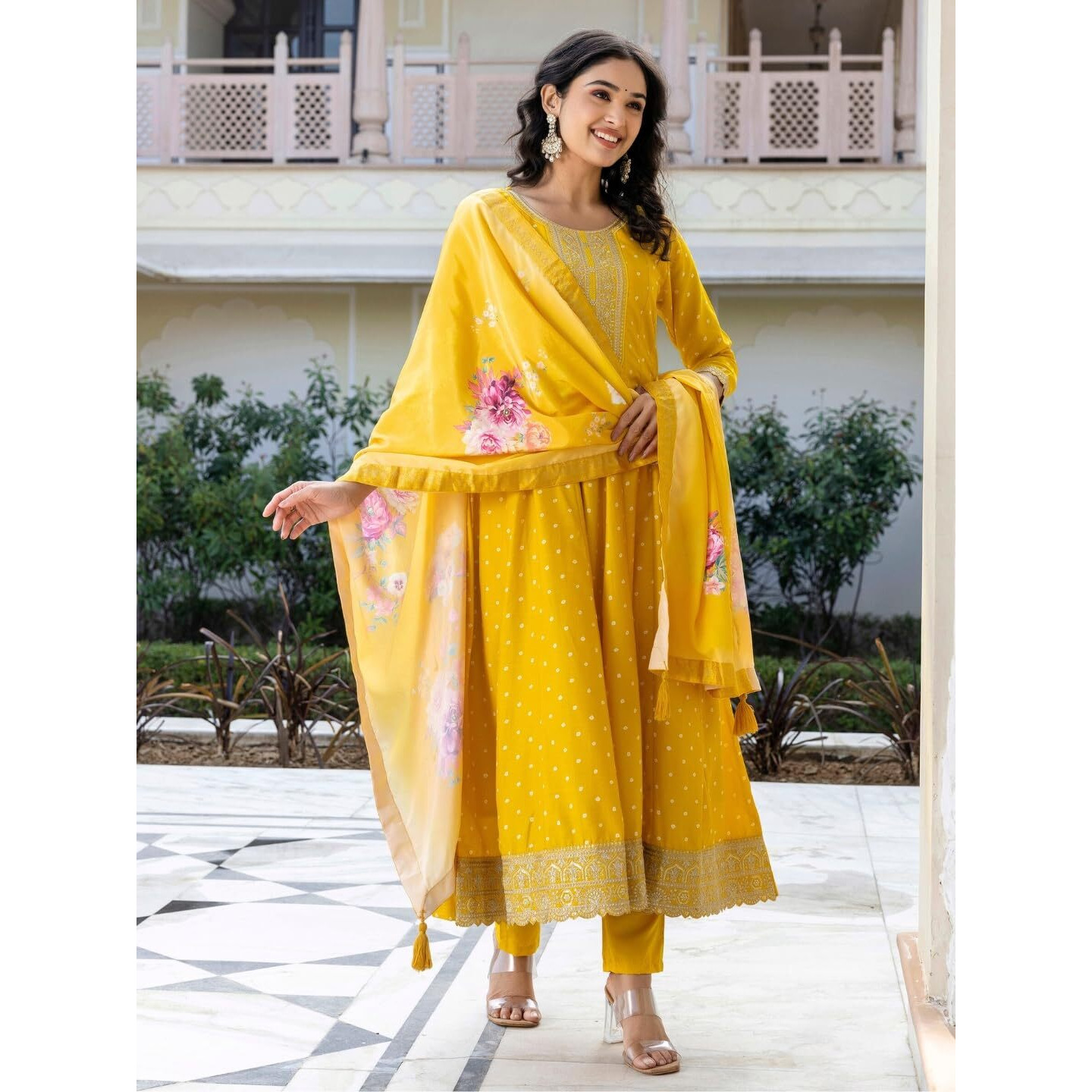 Navlik Women's Yellow Vichitra Silk with Cotton Lining Embroidered Flared Kurta with Rayon Pant and Art Silk Printed Dupatta Sets (NK-644)