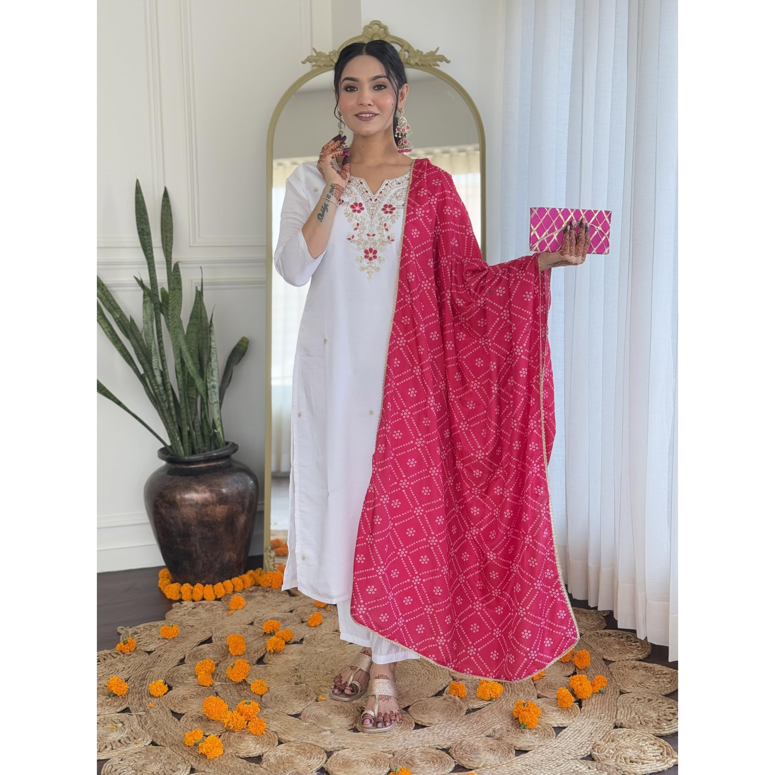 Navlik Women's White BSY Viscose Embroidered Straight Kurta with BSY Viscose Pant and Silk Blend Laced Dupatta Sets (NK-646)