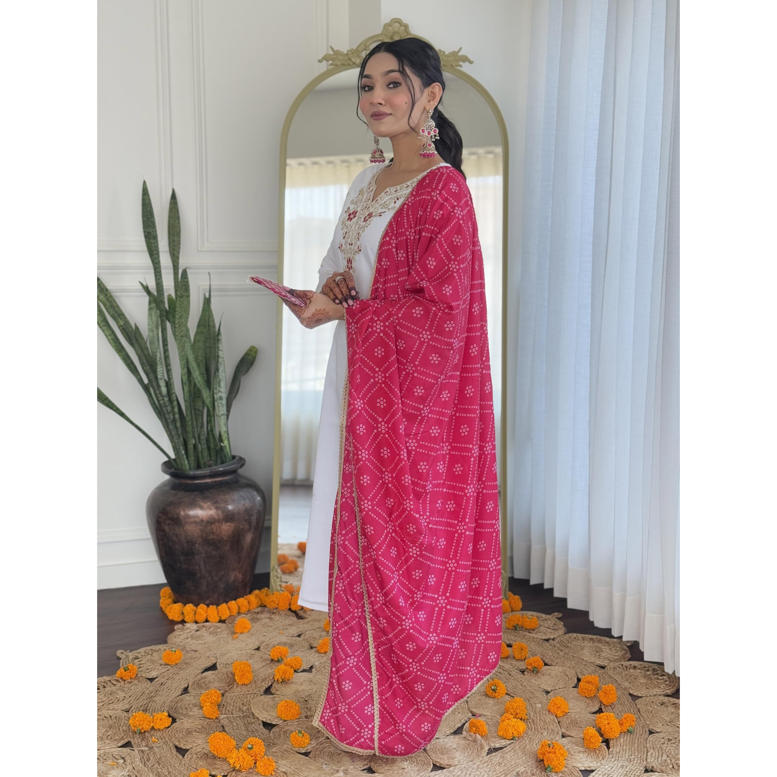 Navlik Women's White BSY Viscose Embroidered Straight Kurta with BSY Viscose Pant and Silk Blend Laced Dupatta Sets (NK-646)