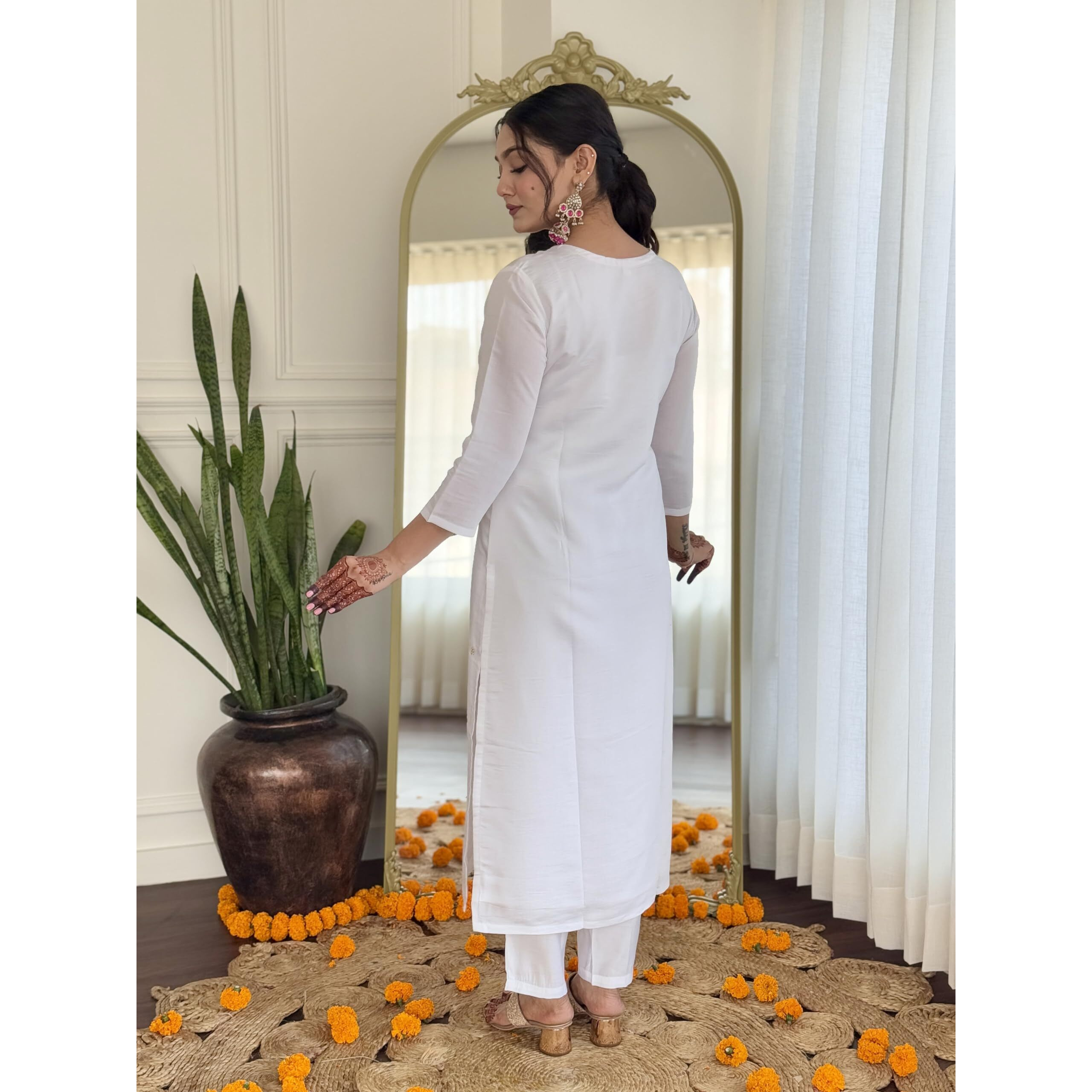 Navlik Women's White BSY Viscose Embroidered Straight Kurta with BSY Viscose Pant and Silk Blend Laced Dupatta Sets (NK-646)