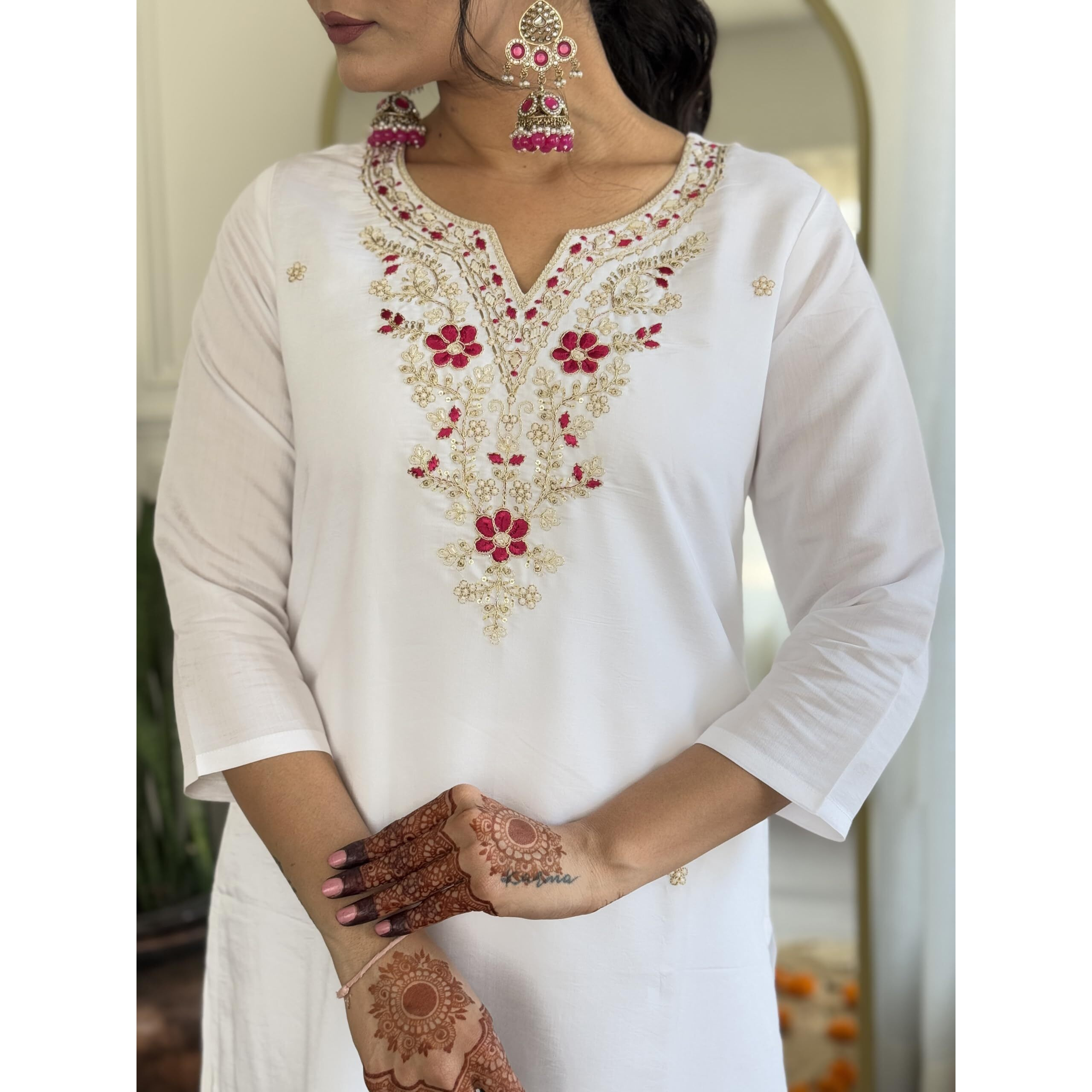 Navlik Women's White BSY Viscose Embroidered Straight Kurta with BSY Viscose Pant and Silk Blend Laced Dupatta Sets (NK-646)