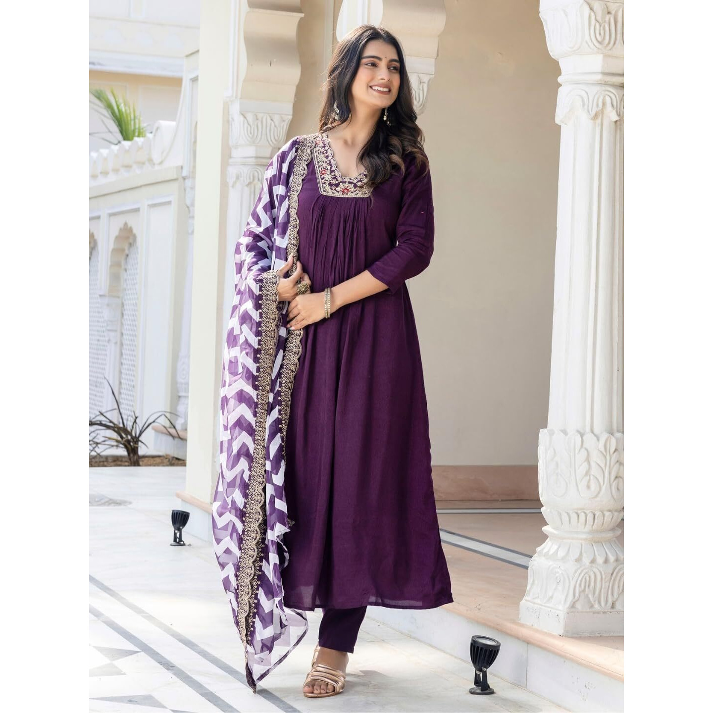 Navlik Women's Wine BSY Viscose Embroidered A-Line Kurta with BSY Viscose Pant and Taby Laced Dupatta Sets (NK-647)