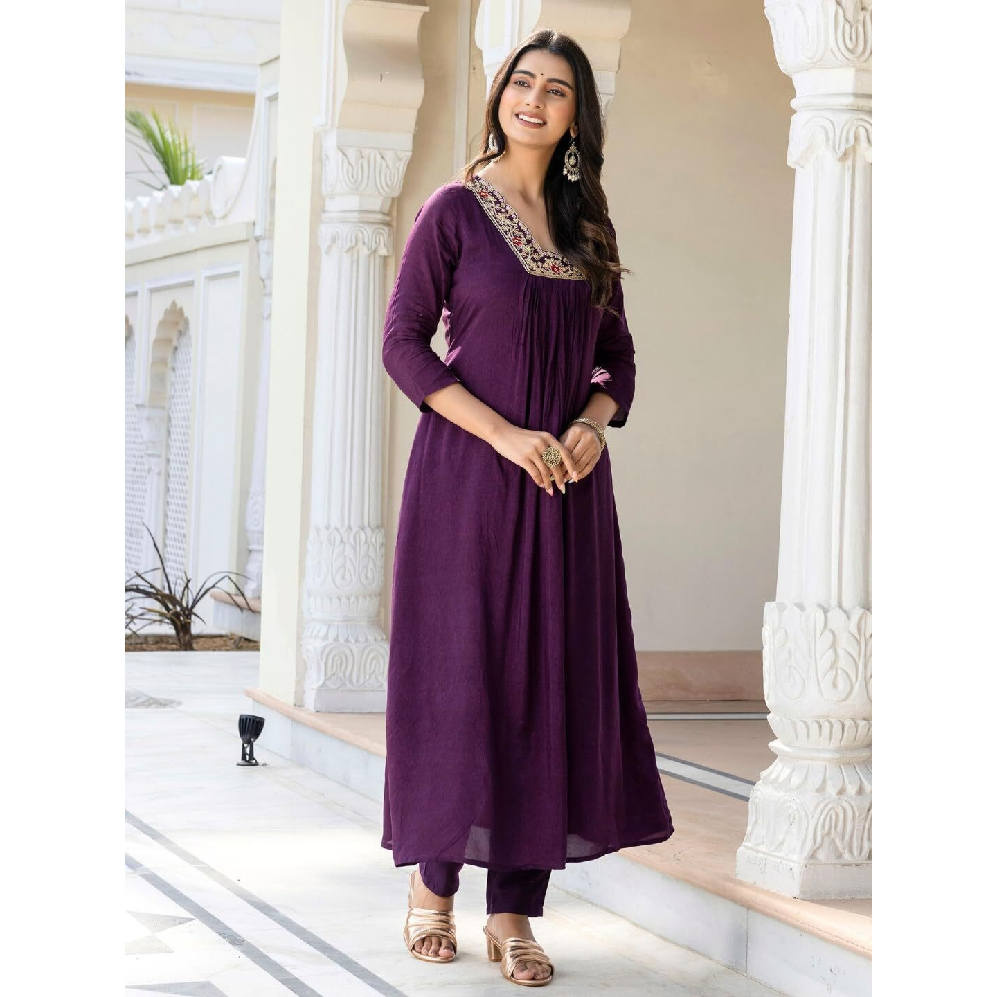 Navlik Women's Wine BSY Viscose Embroidered A-Line Kurta with BSY Viscose Pant and Taby Laced Dupatta Sets (NK-647)