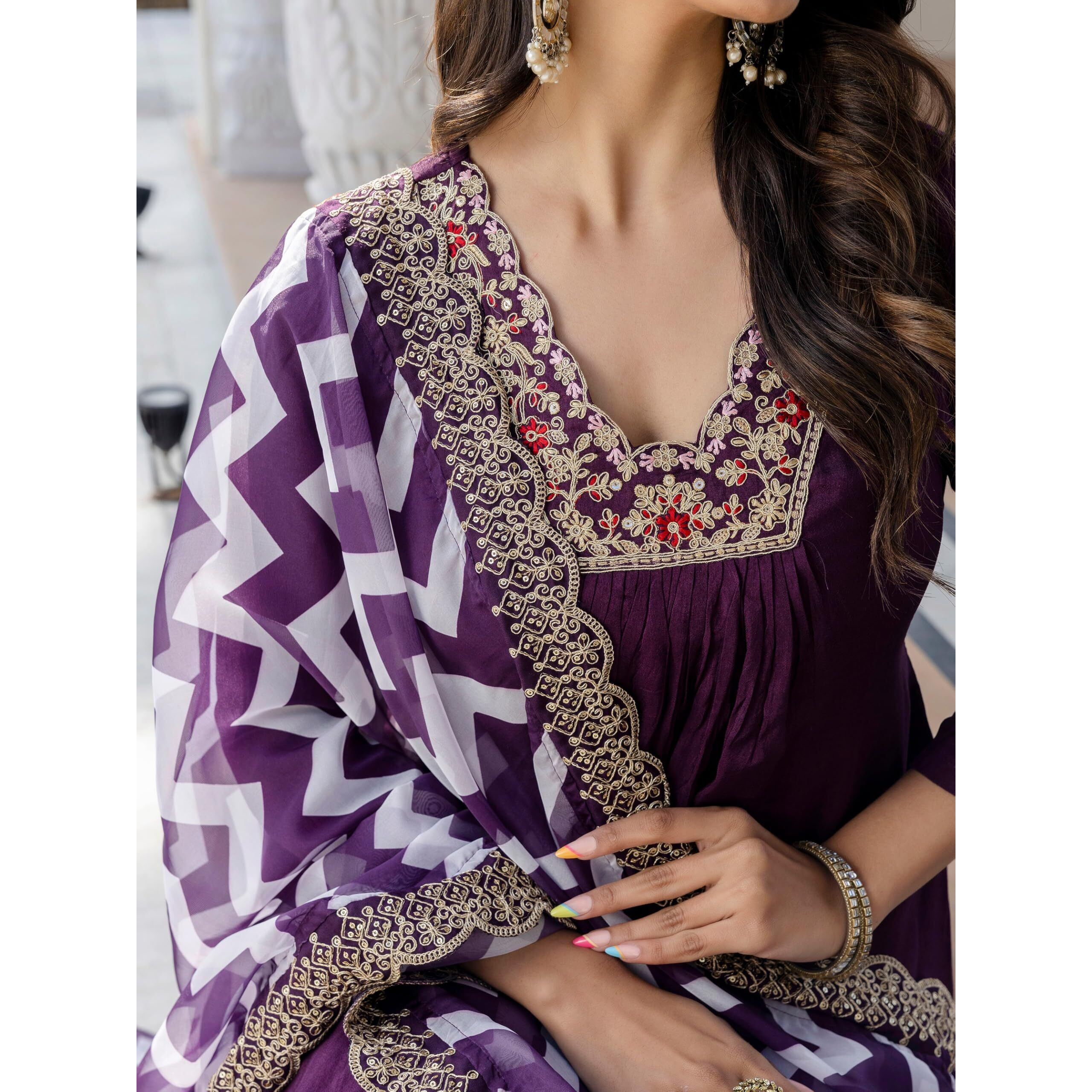 Navlik Women's Wine BSY Viscose Embroidered A-Line Kurta with BSY Viscose Pant and Taby Laced Dupatta Sets (NK-647)