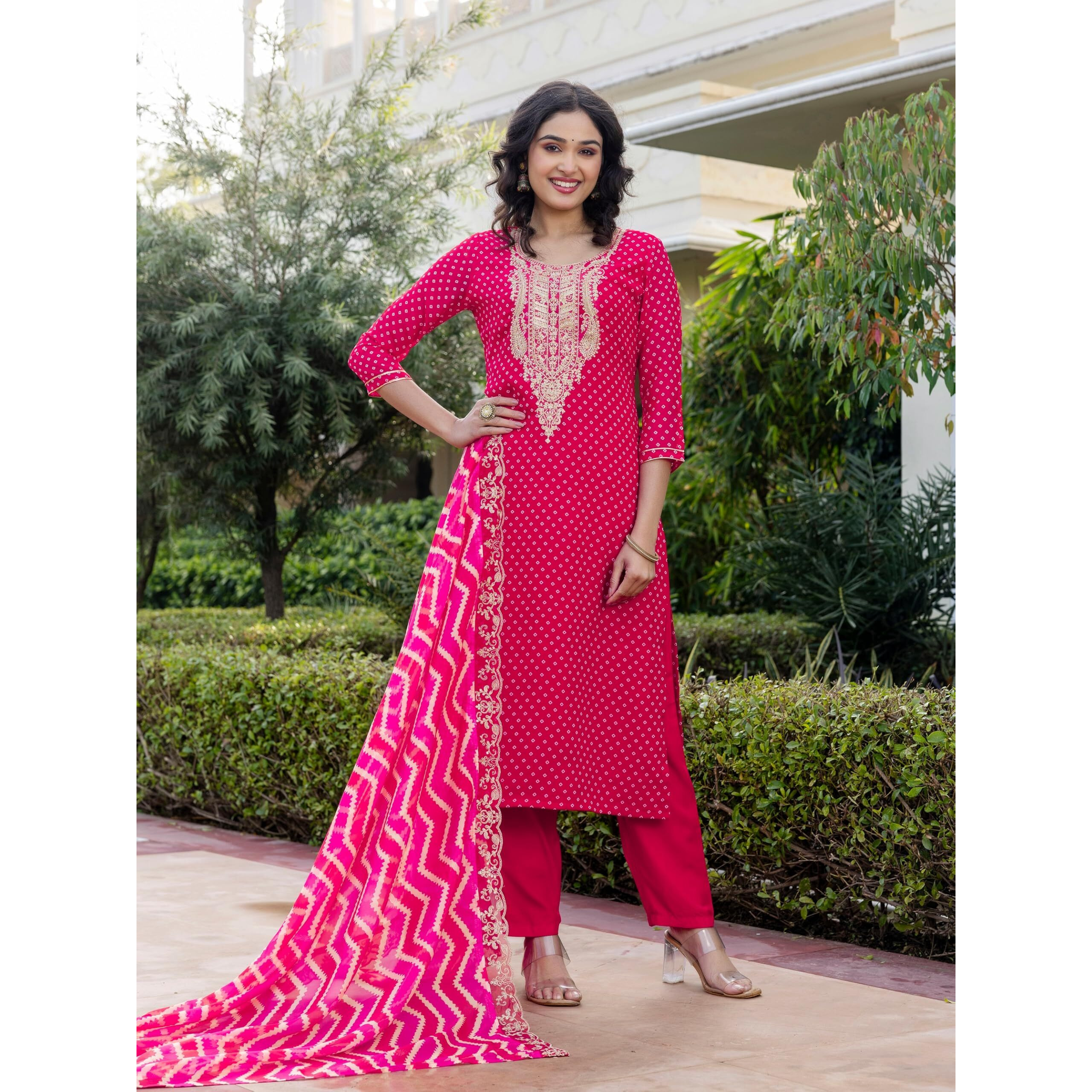 Navlik Women's Vichitra Silk Embroidery Printed Straight Kurta with Pant and Dupatta Sets (NK-648)