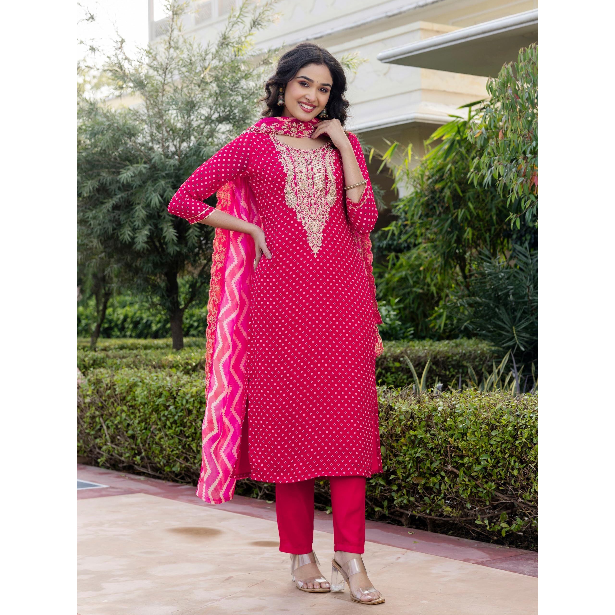 Navlik Women's Vichitra Silk Embroidery Printed Straight Kurta with Pant and Dupatta Sets (NK-648)