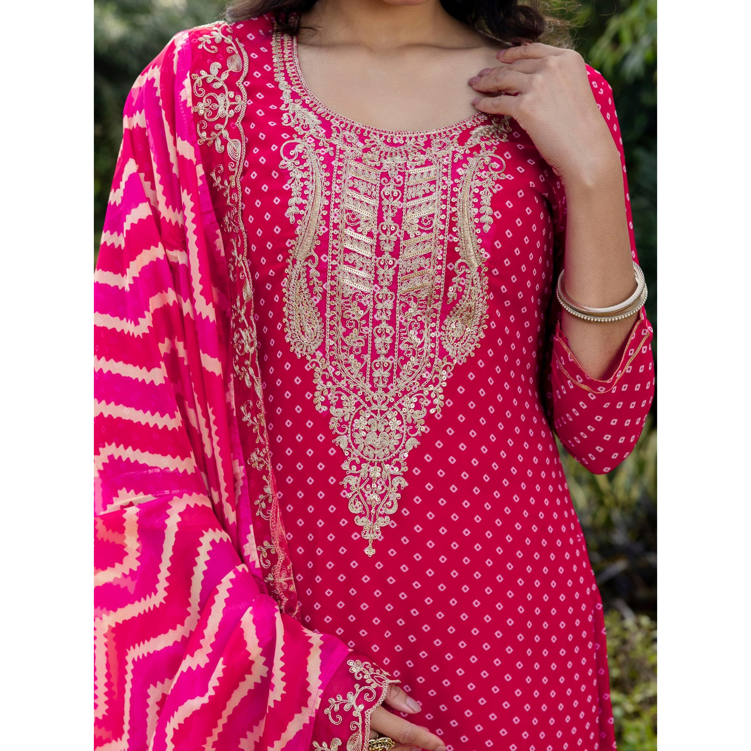 Navlik Women's Vichitra Silk Embroidery Printed Straight Kurta with Pant and Dupatta Sets (NK-648)