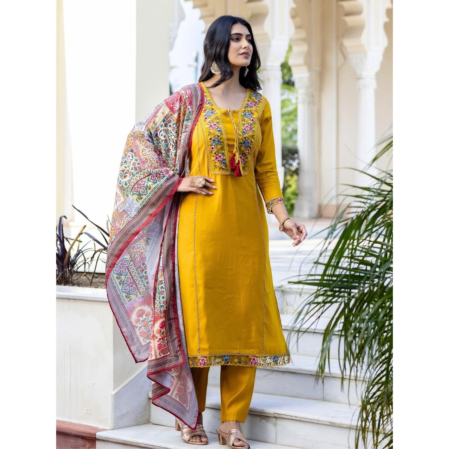 Navlik Women's Mustard BSY Viscose Embroidered Straight Kurta with BSY Viscose Pant and Art Silk Printed Dupatta Sets (NK-650)