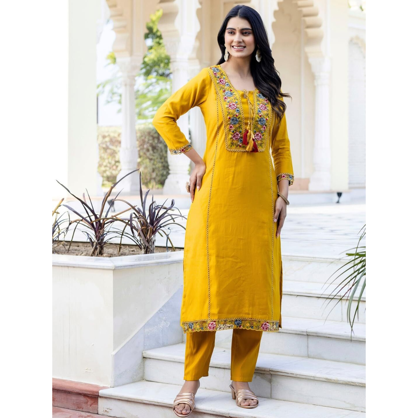 Navlik Women's Mustard BSY Viscose Embroidered Straight Kurta with BSY Viscose Pant and Art Silk Printed Dupatta Sets (NK-650)
