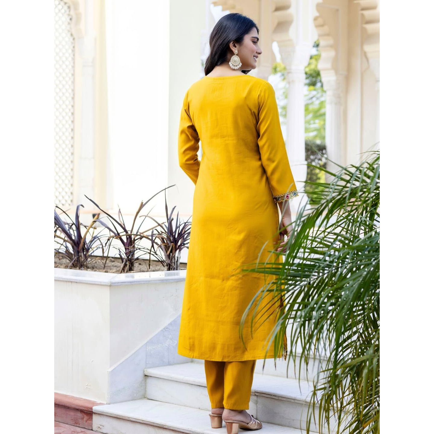 Navlik Women's Mustard BSY Viscose Embroidered Straight Kurta with BSY Viscose Pant and Art Silk Printed Dupatta Sets (NK-650)
