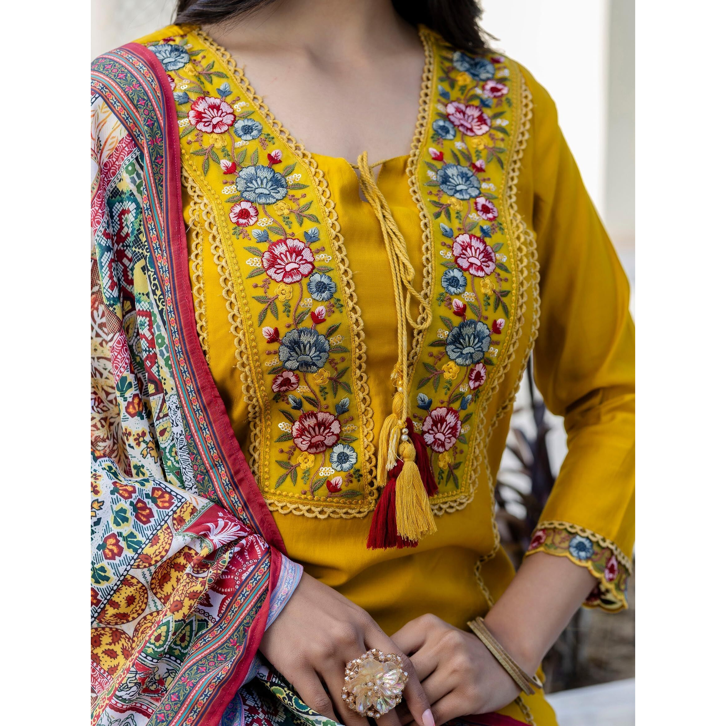 Navlik Women's Mustard BSY Viscose Embroidered Straight Kurta with BSY Viscose Pant and Art Silk Printed Dupatta Sets (NK-650)