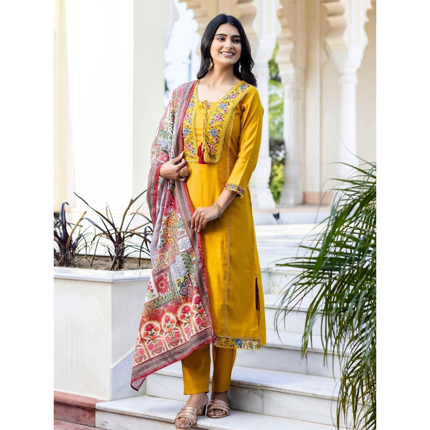 Navlik Women's Mustard BSY Viscose Embroidered Straight Kurta with BSY Viscose Pant and Art Silk Printed Dupatta Sets (NK-650)