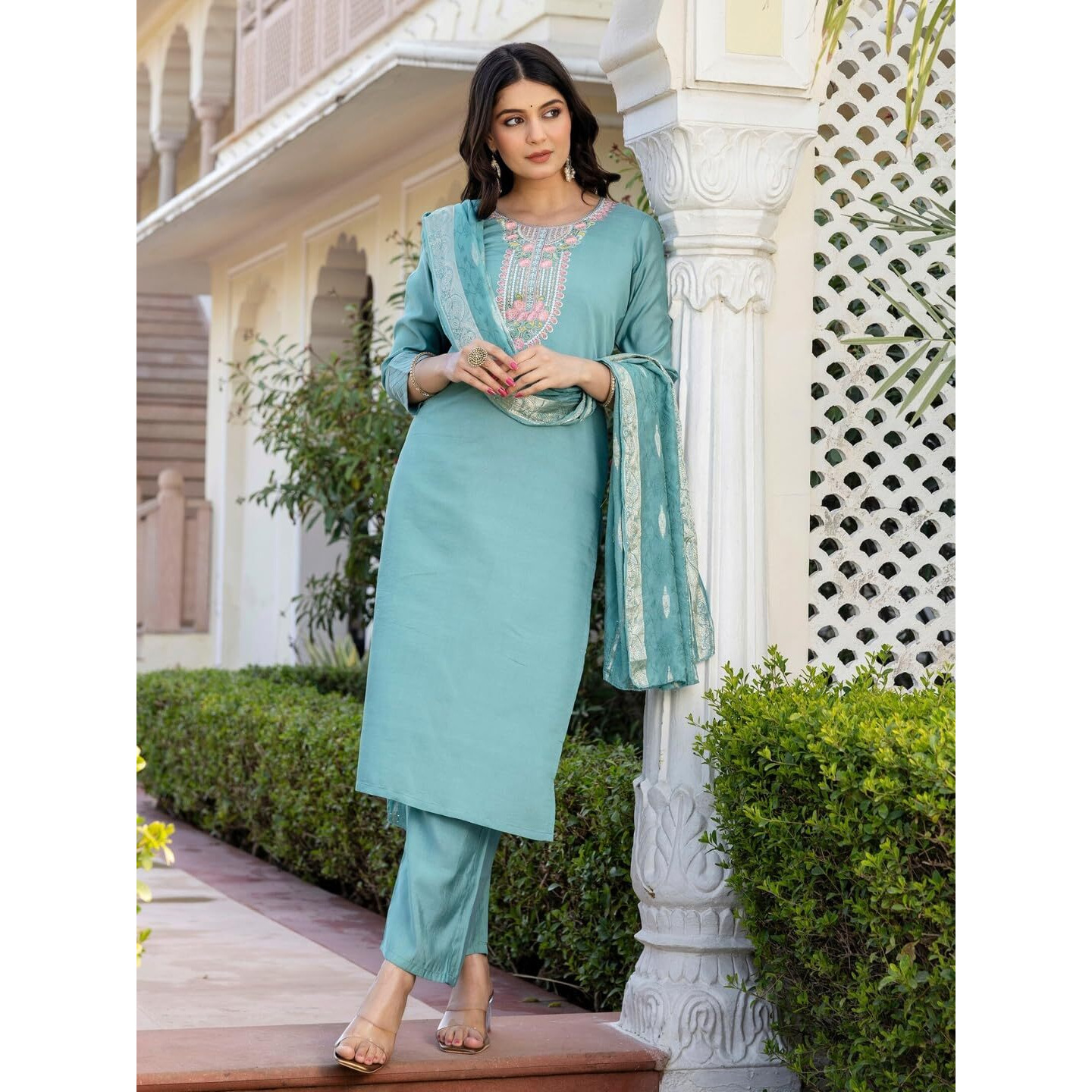 Navlik Women's Sky Chanderi Embroidered Straight Kurta with Chanderi Pant and Viscose Jacquard Printed Dupatta Sets (NK-651)