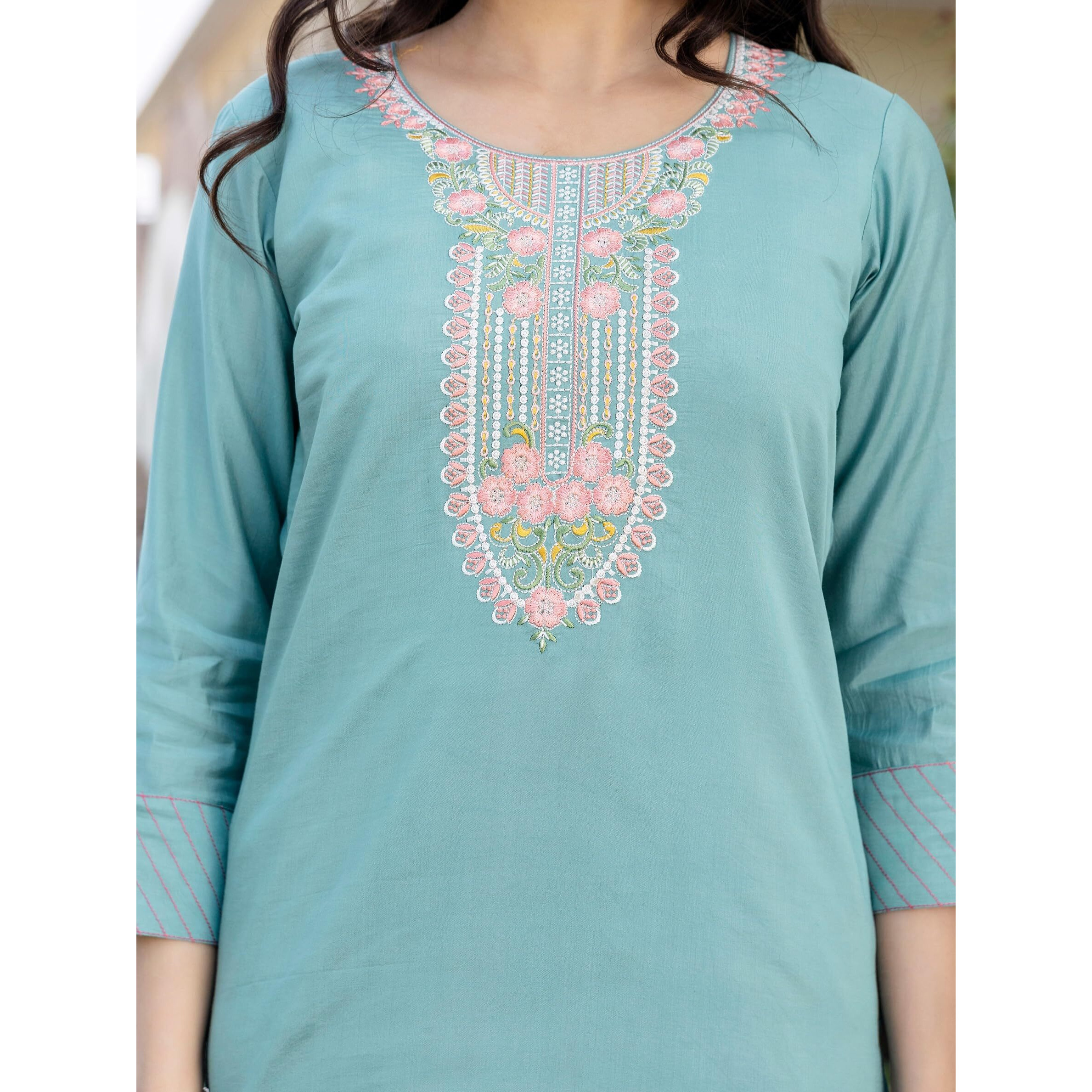 Navlik Women's Sky Chanderi Embroidered Straight Kurta with Chanderi Pant and Viscose Jacquard Printed Dupatta Sets (NK-651)
