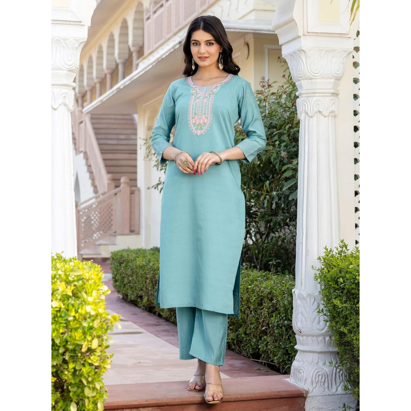 Navlik Women's Sky Chanderi Embroidered Straight Kurta with Chanderi Pant and Viscose Jacquard Printed Dupatta Sets (NK-651)
