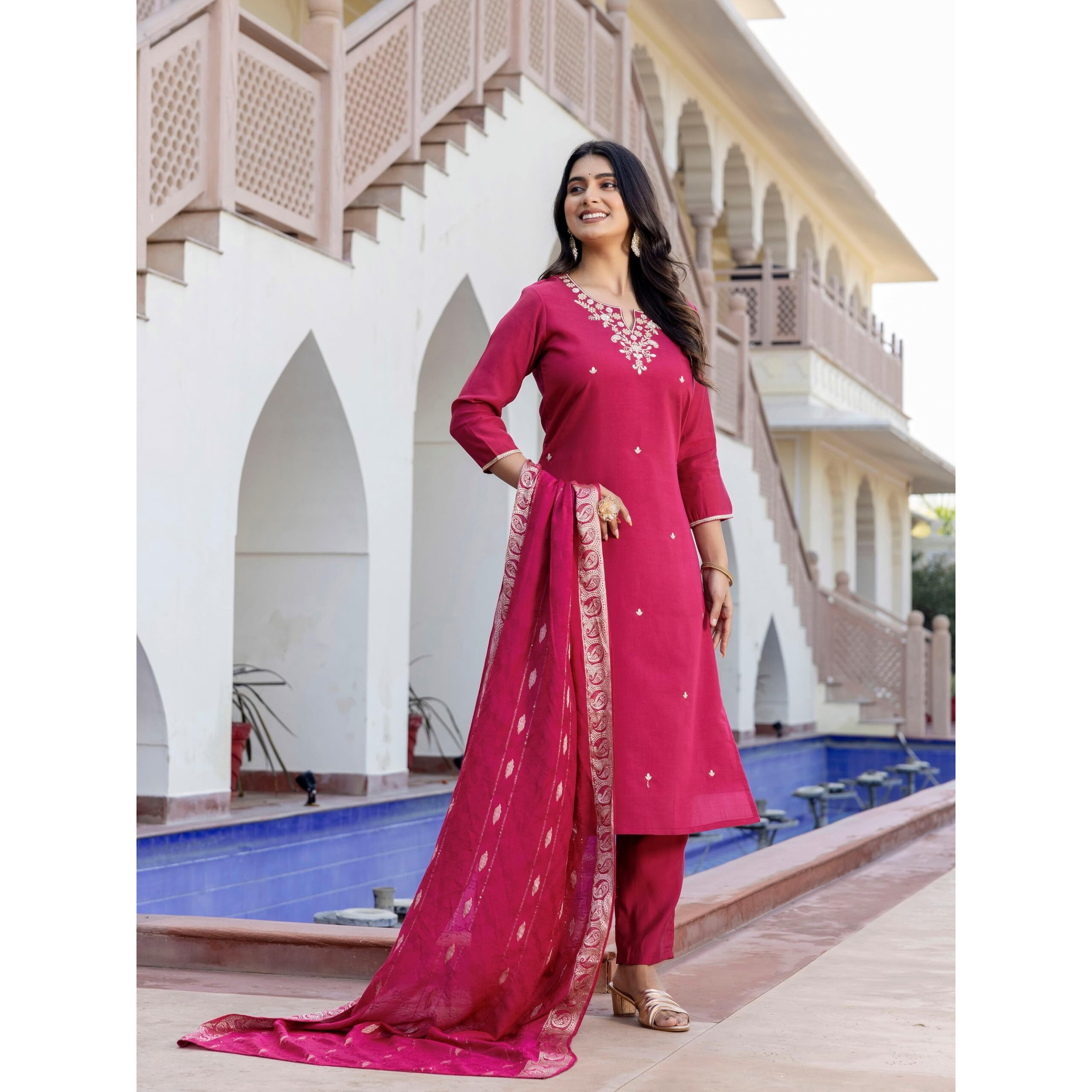 Navlik Women's Viscose Silk Embroidered Straight Kurta with Pant And Dupatta Sets (NK-652)