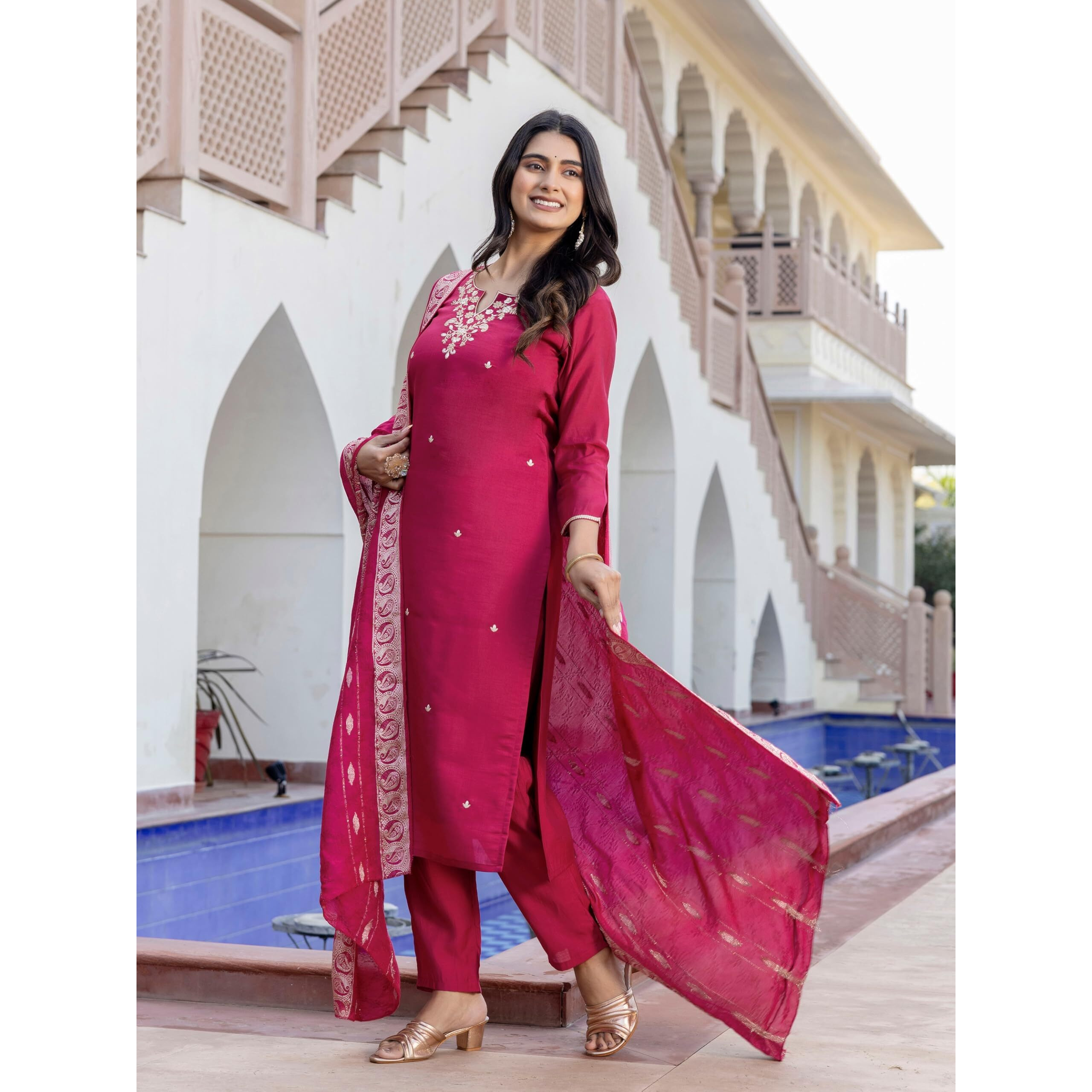Navlik Women's Viscose Silk Embroidered Straight Kurta with Pant And Dupatta Sets (NK-652)