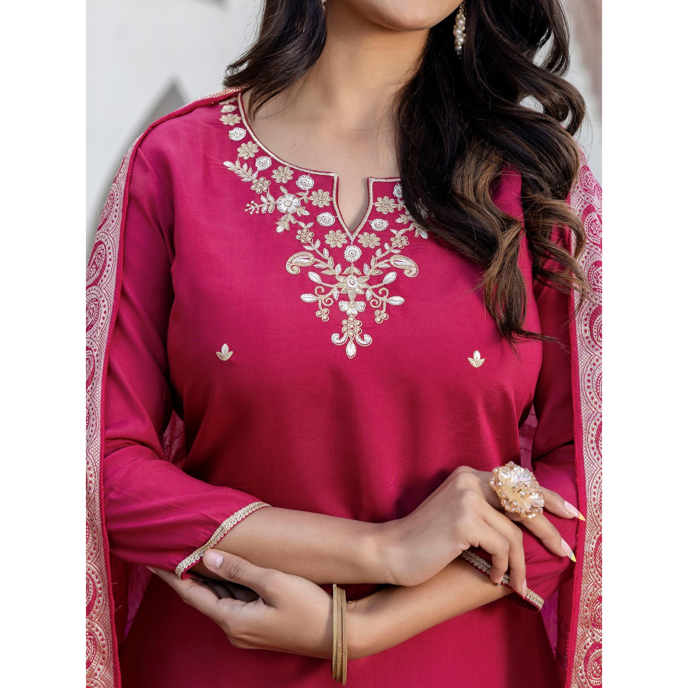 Navlik Women's Viscose Silk Embroidered Straight Kurta with Pant And Dupatta Sets (NK-652)