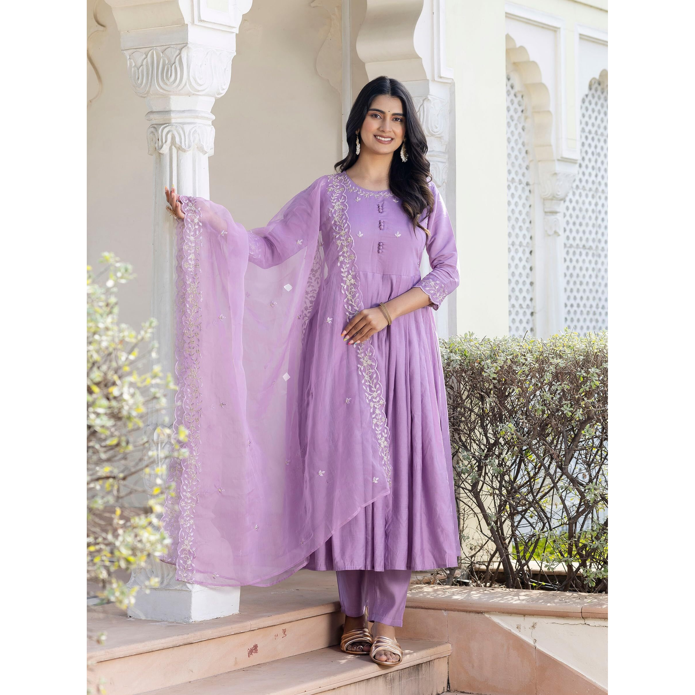 Navlik Women's Levender BSY Viscose Embroidered Flared Kurta with BSY Viscose Pant and Organza Embroidered Dupatta Sets (NK-654)