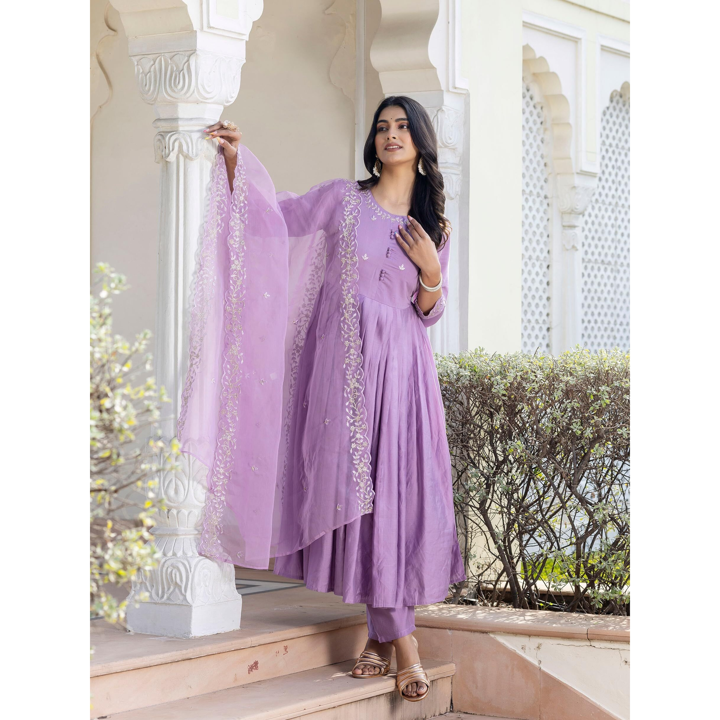 Navlik Women's Levender BSY Viscose Embroidered Flared Kurta with BSY Viscose Pant and Organza Embroidered Dupatta Sets (NK-654)
