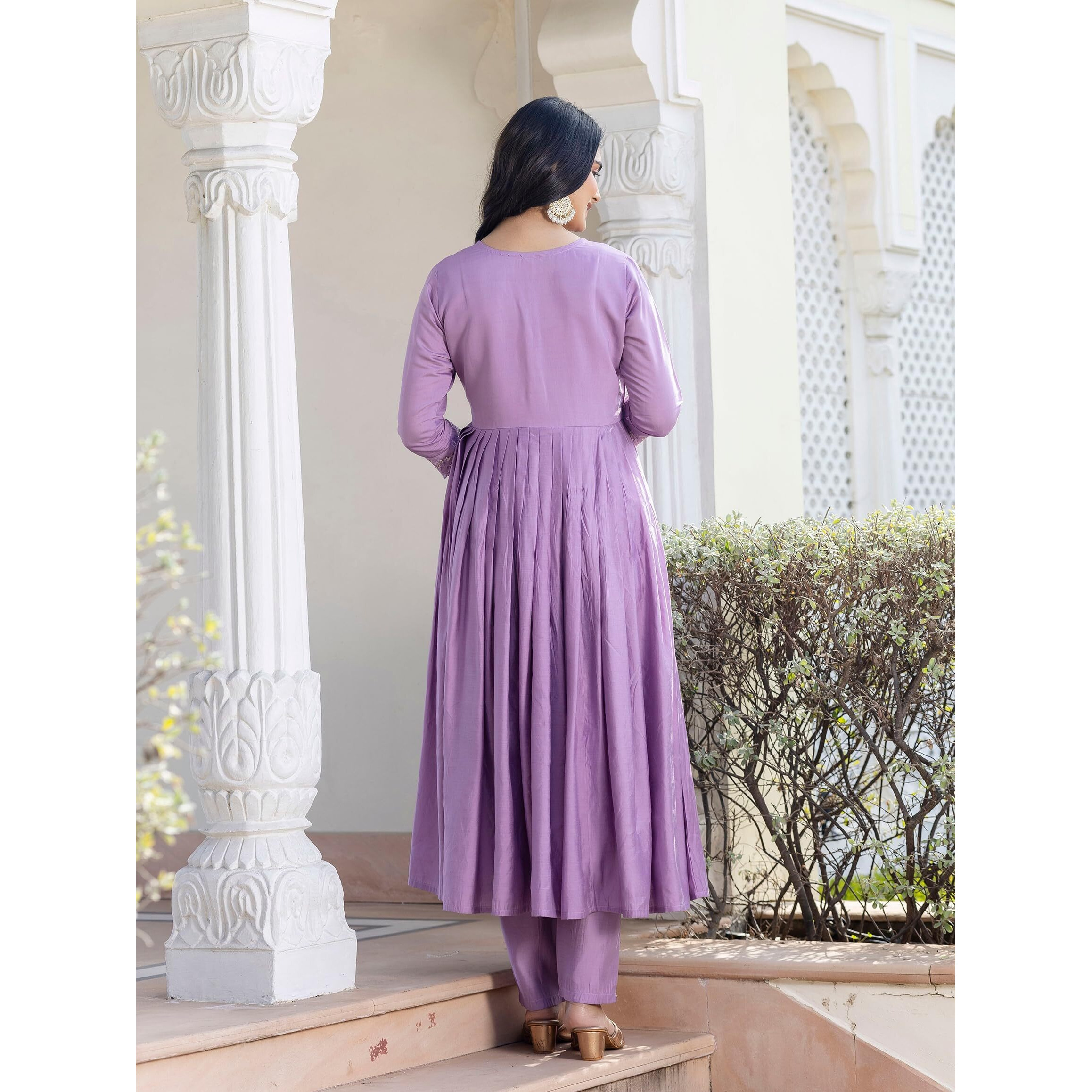 Navlik Women's Levender BSY Viscose Embroidered Flared Kurta with BSY Viscose Pant and Organza Embroidered Dupatta Sets (NK-654)