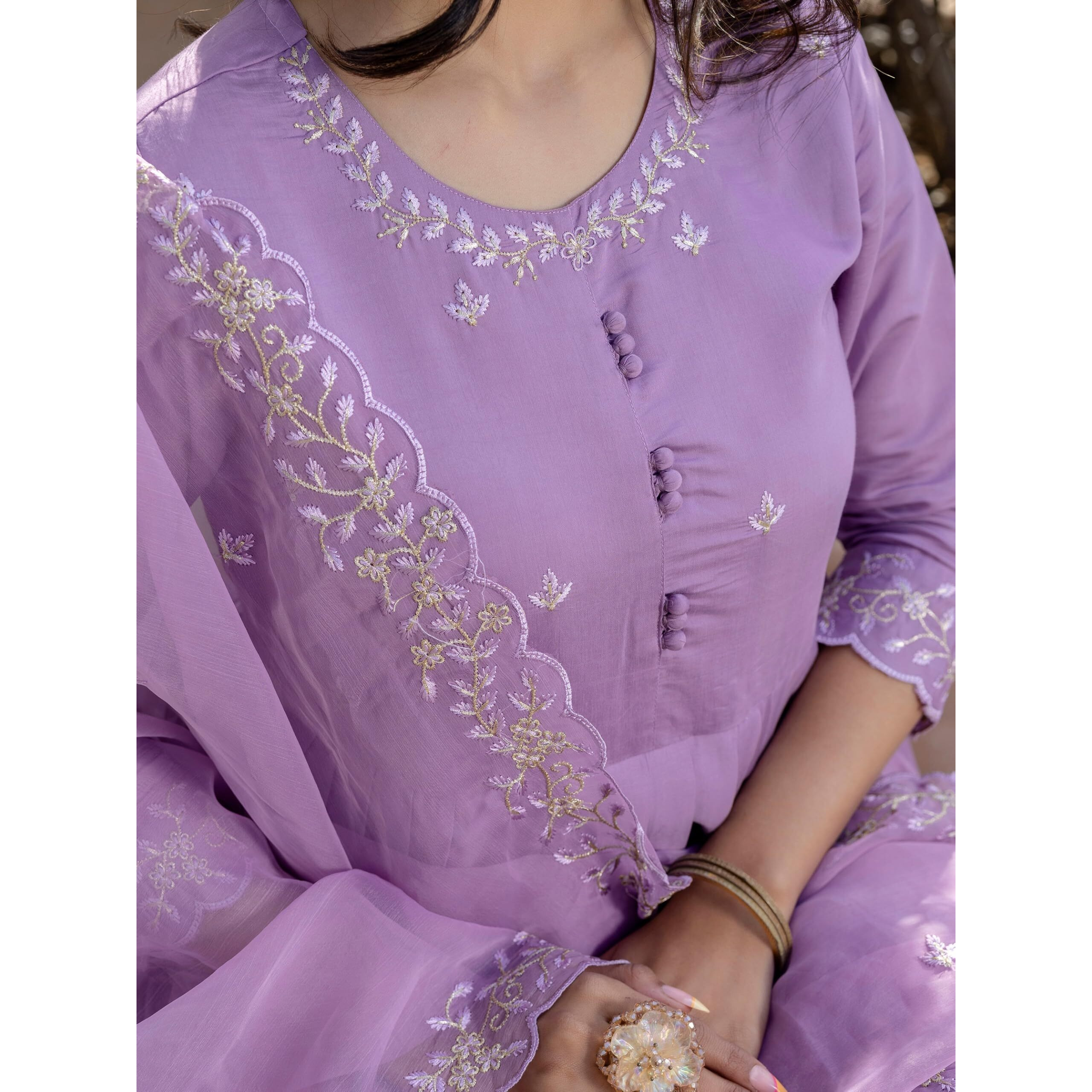 Navlik Women's Levender BSY Viscose Embroidered Flared Kurta with BSY Viscose Pant and Organza Embroidered Dupatta Sets (NK-654)