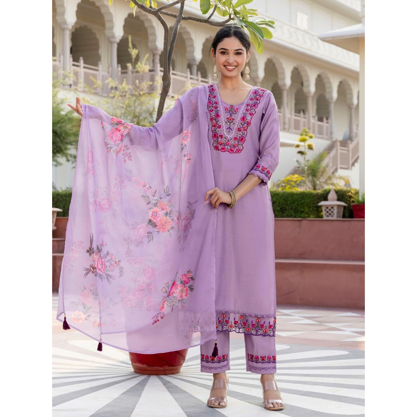 Navlik Women's Levender BSY Viscose Embroidered Flared Kurta with BSY Viscose Pant and Organza Embroidered Dupatta Sets (NK-655)