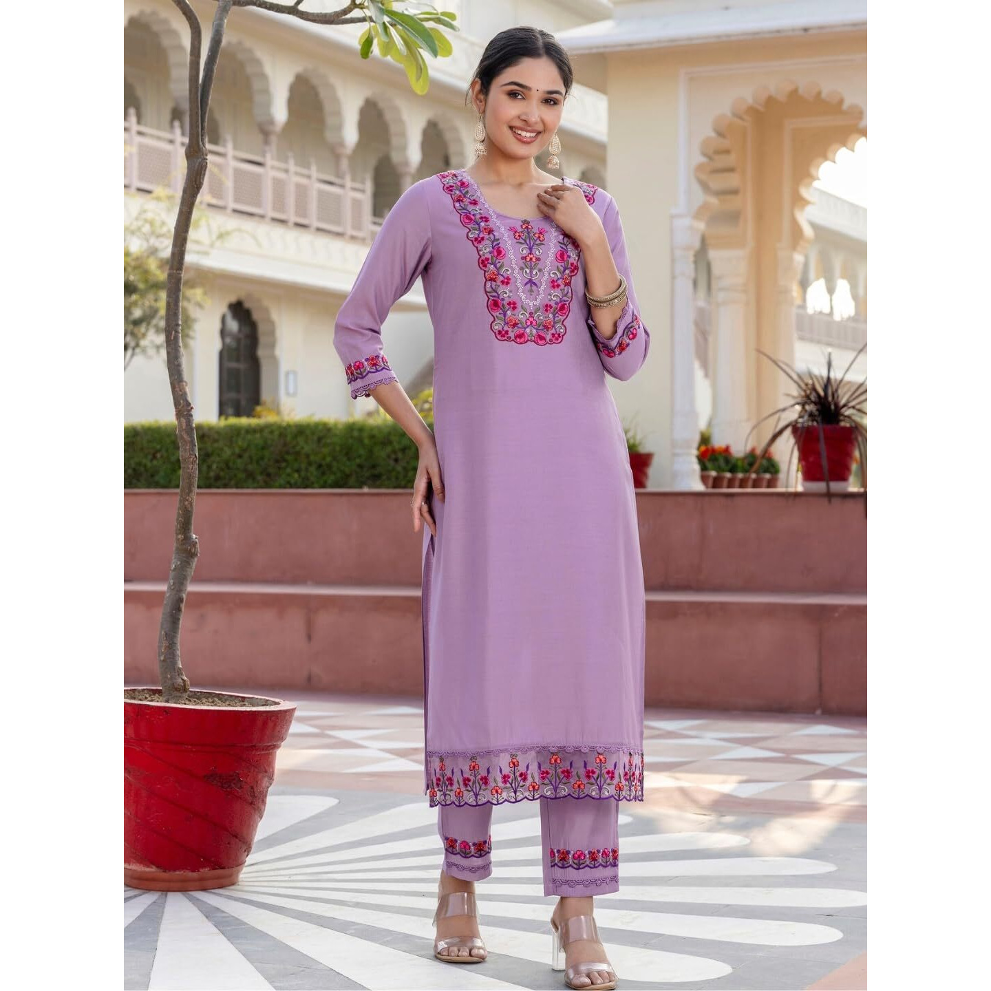Navlik Women's Levender BSY Viscose Embroidered Flared Kurta with BSY Viscose Pant and Organza Embroidered Dupatta Sets (NK-655)