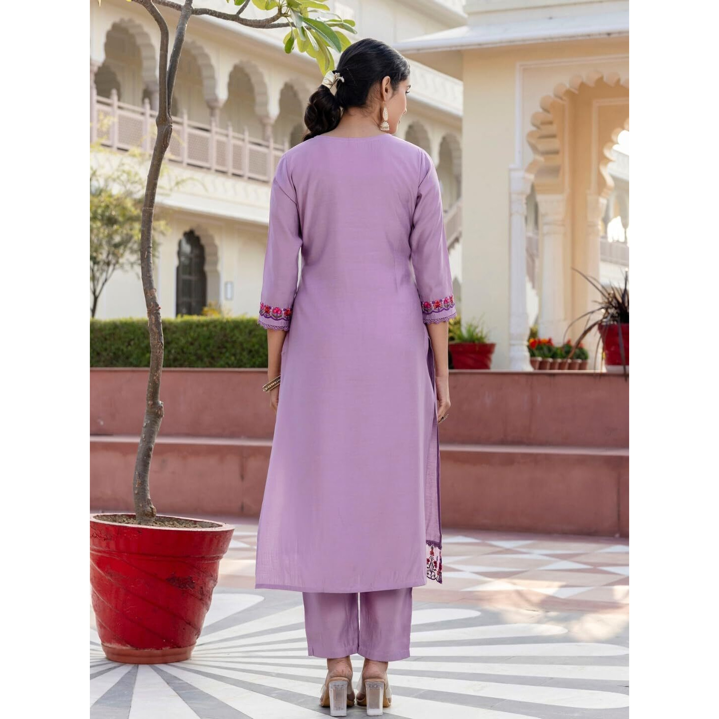 Navlik Women's Levender BSY Viscose Embroidered Flared Kurta with BSY Viscose Pant and Organza Embroidered Dupatta Sets (NK-655)