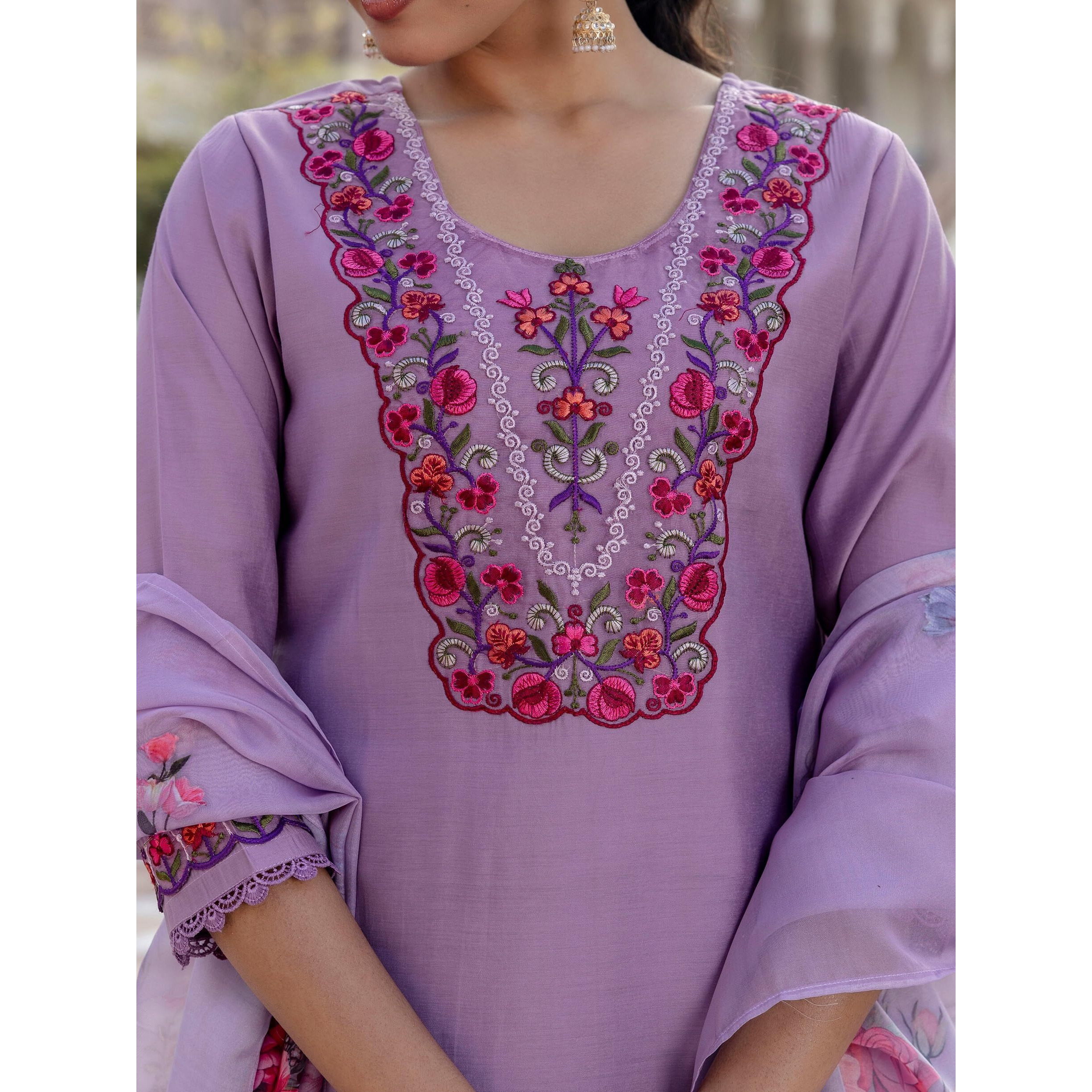 Navlik Women's Levender BSY Viscose Embroidered Flared Kurta with BSY Viscose Pant and Organza Embroidered Dupatta Sets (NK-655)