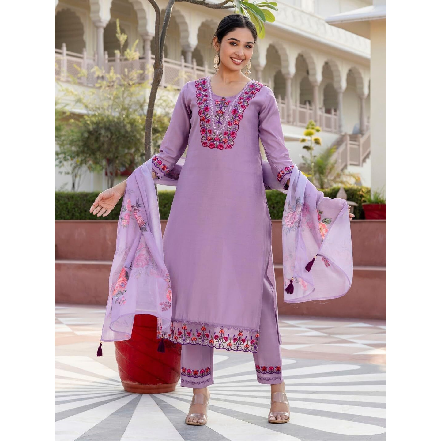 Navlik Women's Levender BSY Viscose Embroidered Flared Kurta with BSY Viscose Pant and Organza Embroidered Dupatta Sets (NK-655)