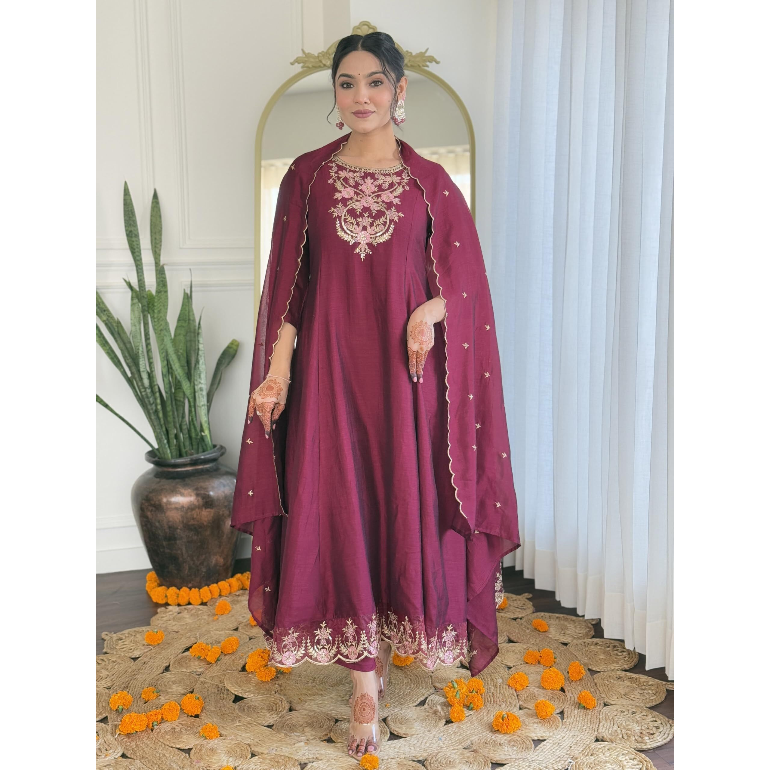 Navlik Women's Wine Vichitra Silk Embroidered A-Line Kurta with Rayon Pant and Vichitra Silk Embroidered Dupatta Sets (NK-656)