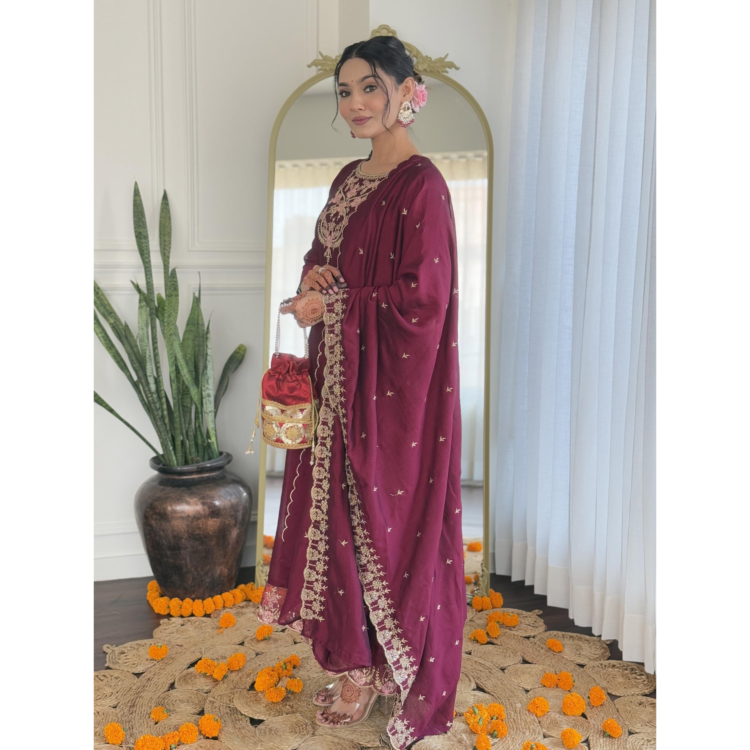 Navlik Women's Wine Vichitra Silk Embroidered A-Line Kurta with Rayon Pant and Vichitra Silk Embroidered Dupatta Sets (NK-656)