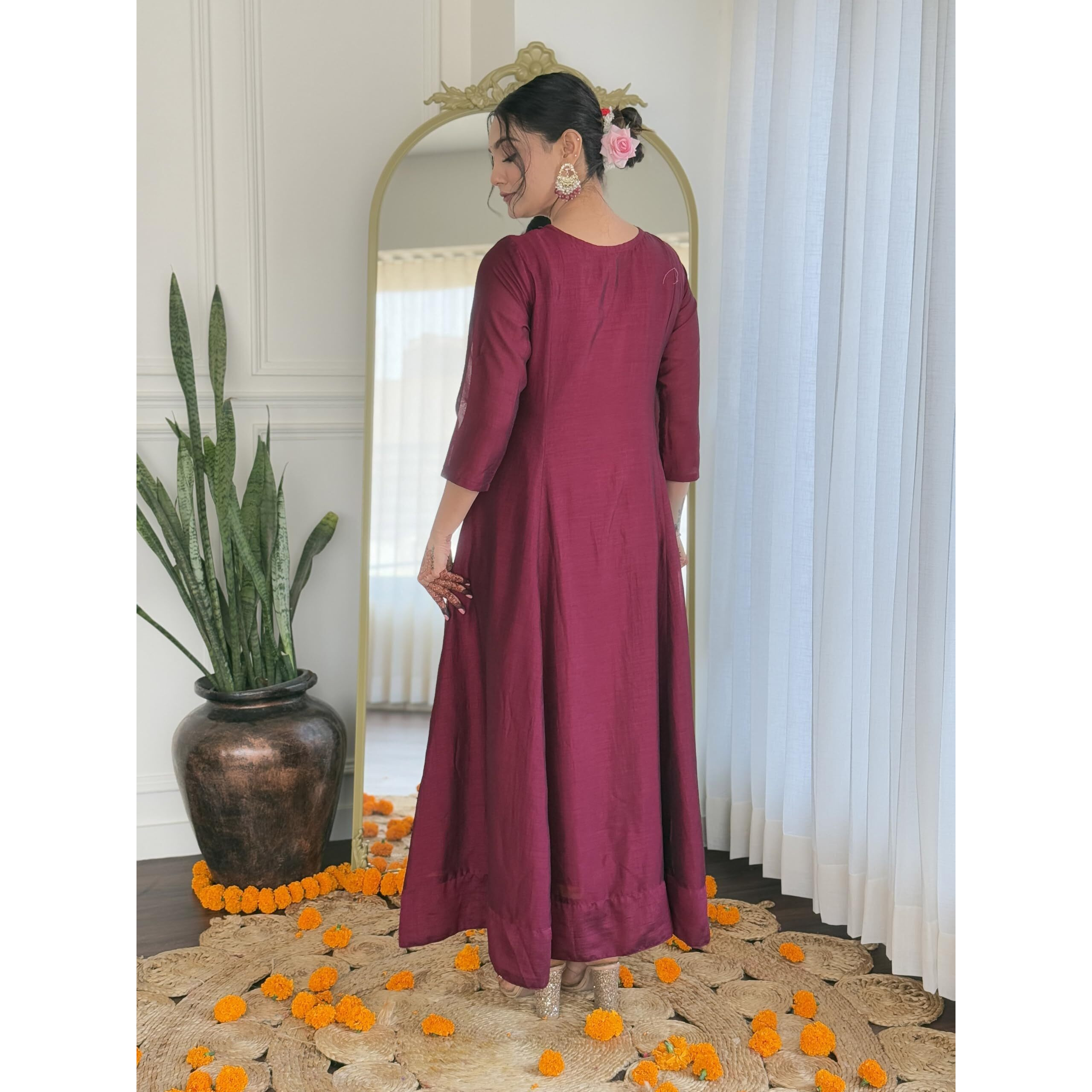 Navlik Women's Wine Vichitra Silk Embroidered A-Line Kurta with Rayon Pant and Vichitra Silk Embroidered Dupatta Sets (NK-656)