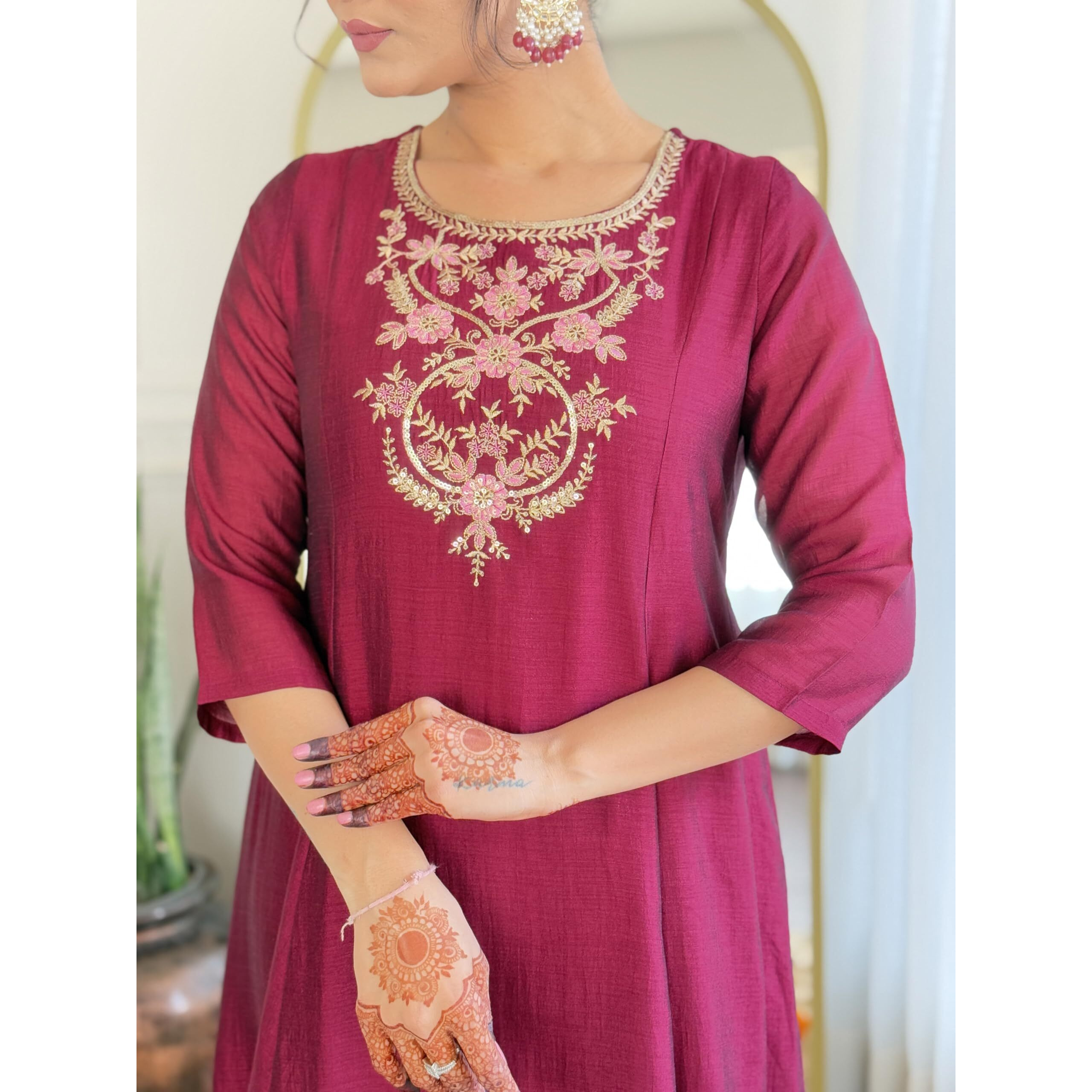 Navlik Women's Wine Vichitra Silk Embroidered A-Line Kurta with Rayon Pant and Vichitra Silk Embroidered Dupatta Sets (NK-656)
