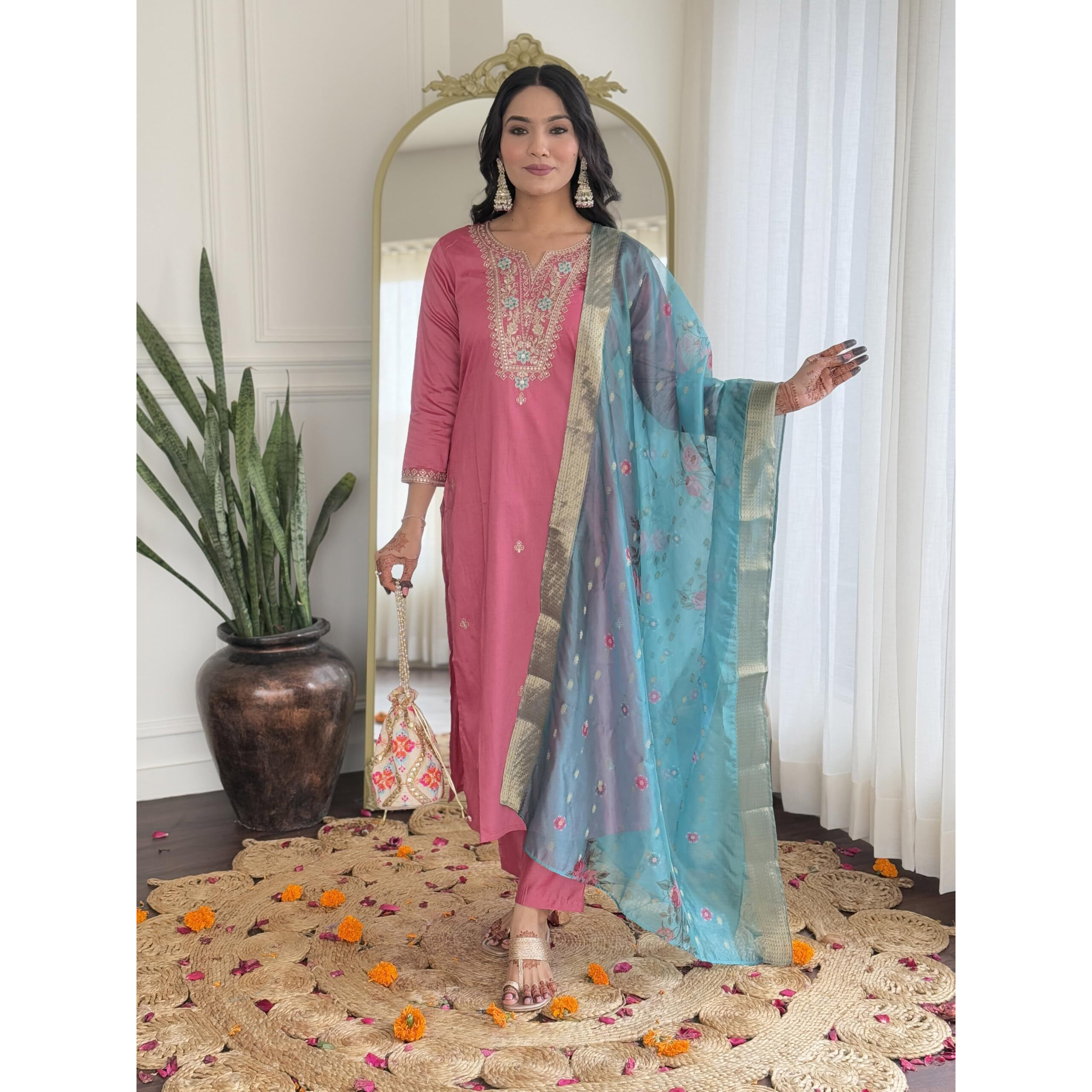 Navlik Women's Gajri Viscose Silk Embroidered Straight Kurta with Viscose Silk Pant and Jacquard Jacquard Dupatta Sets (NK-657)